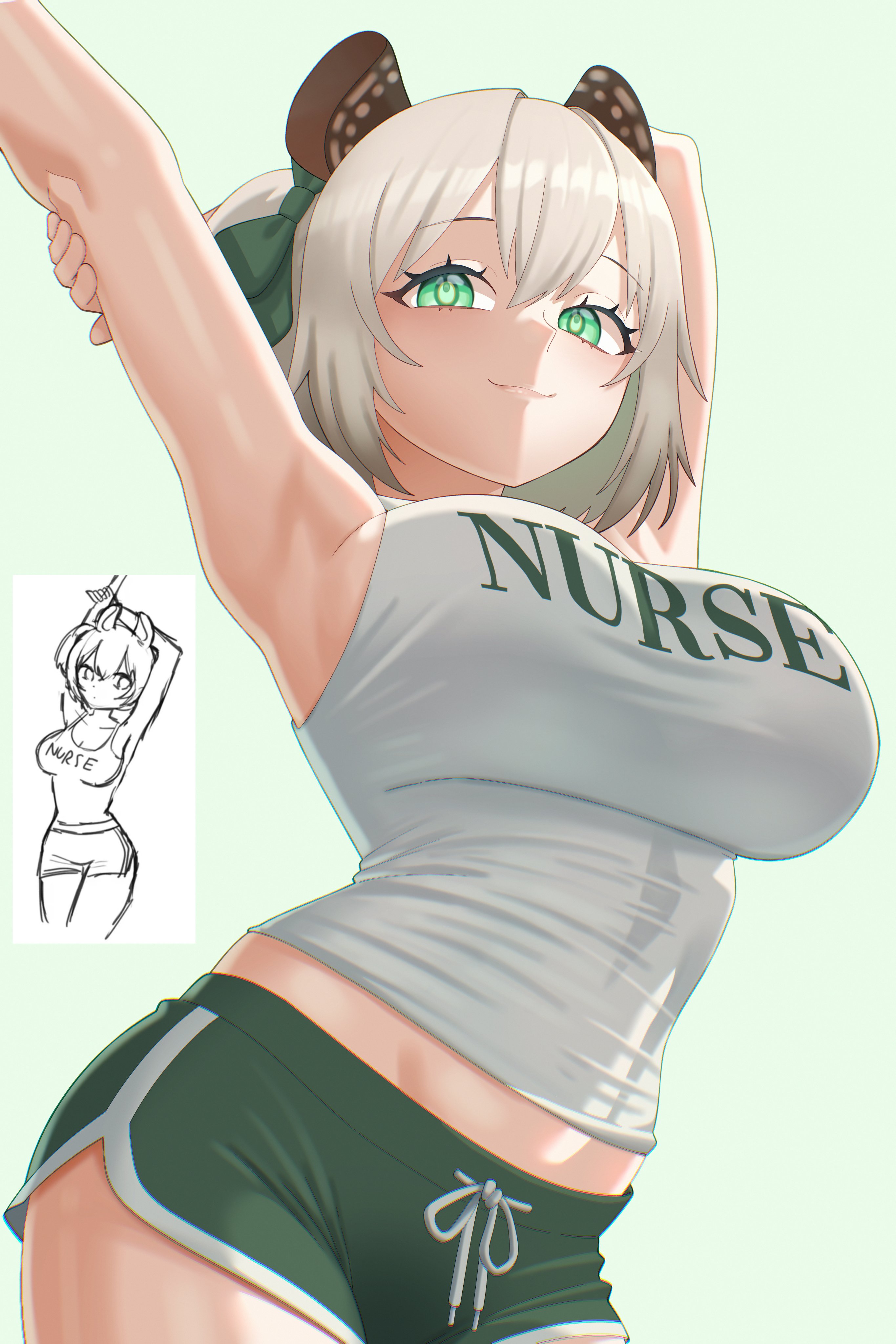 bow, crop top, dolphin shorts, fully clothed, green eyes, gym clothes, gym shorts, hairbow, indie virtual youtuber, large breasts, looking at viewer, midriff, nimi nightmare, simple background, tank top, toomywoomy, upward shot, virtual youtuber, white hair