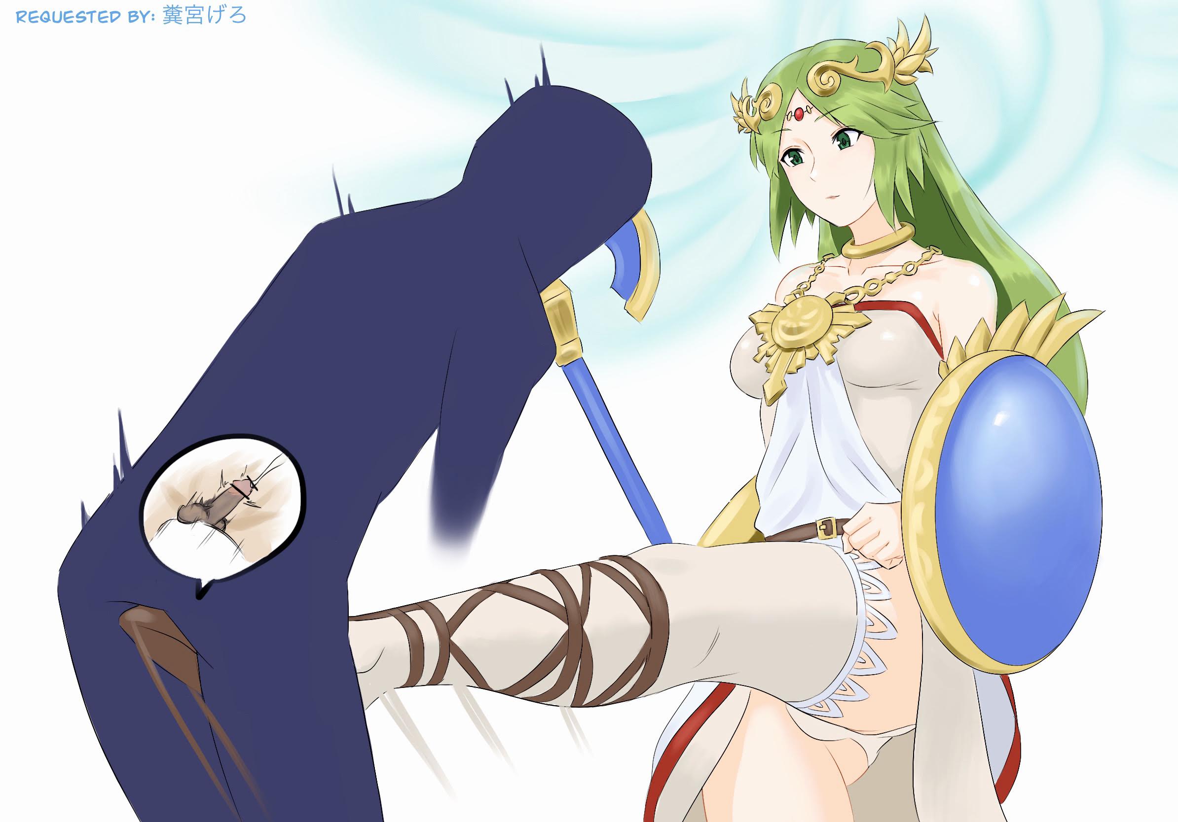 1boy, 1girls, ball busting, ballbusting, bar censor, bare shoulders, bondage, breasts, cbt, censor bar, censored, censored penis, cock, crotch kick, cum, dick, dress, ejaculation, eyebrows visible through hair, female, femdom, genitals, green eyes, green hair, green hair female, highres, jewelry, kick, kicking, kicking balls, kid icarus, legwear, long hair, necklace, nintendo, orgasm, palutena, panties, penis, semen, seset, shield, strapless, thick thighs, thighhighs, thighs, tiara, underwear, very long hair, white dress, white legwear, white panties, white thighhighs, woman