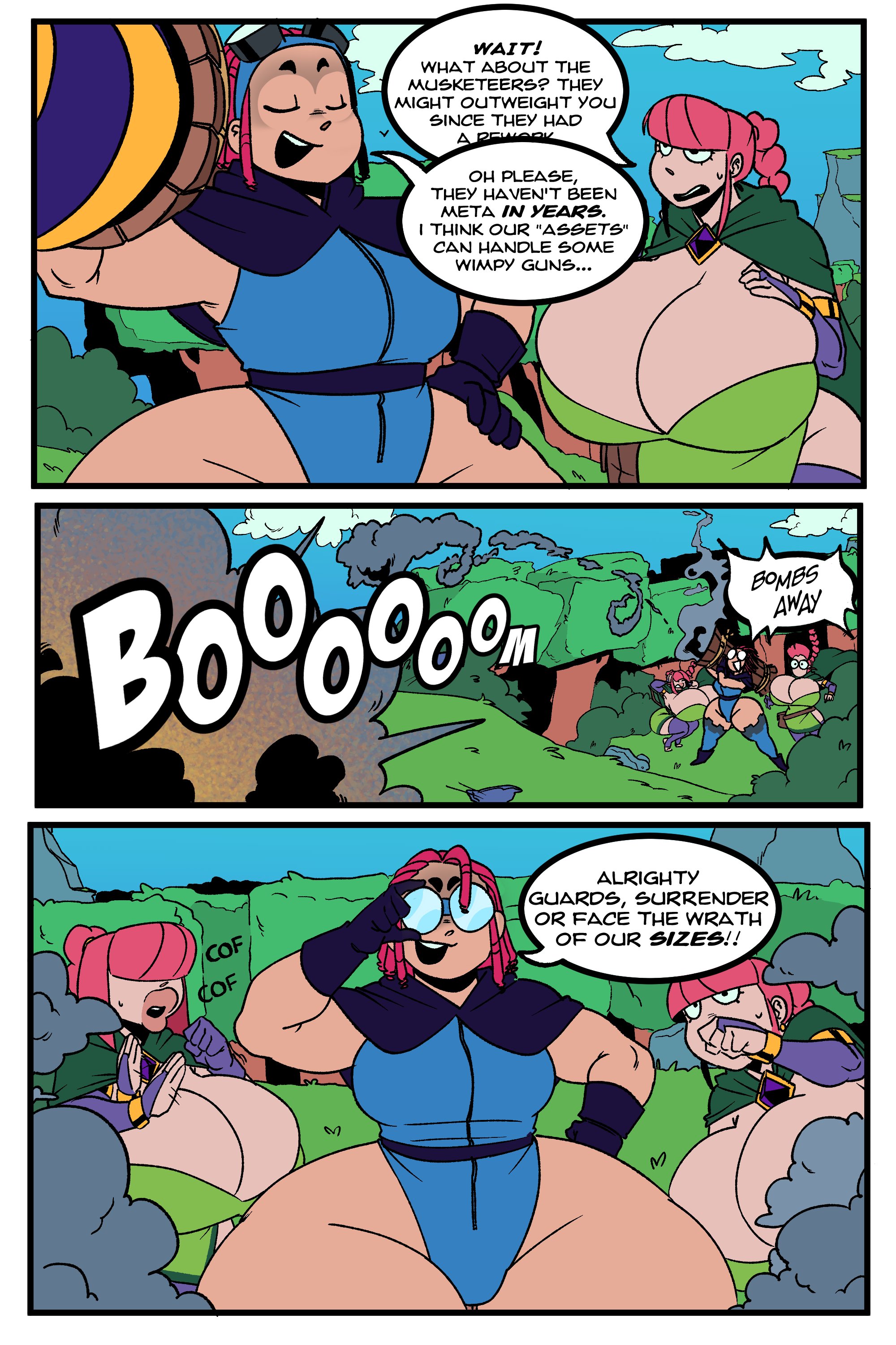 2d, 2d (artwork), 2girls, archer (clash of clans), archer (clash royale), ass, ass focus, big ass, big breasts, booty, bragging, breasts, clash (series), clash royale, cocky, dumptruck ass, elpiromanias, evolution archer (clash royale), evolution firecracker (clash royale), fat ass, female, female only, firecracker (clash royale), hips wider than shoulders, nervous, overconfident, text, thick thighs, wide hips