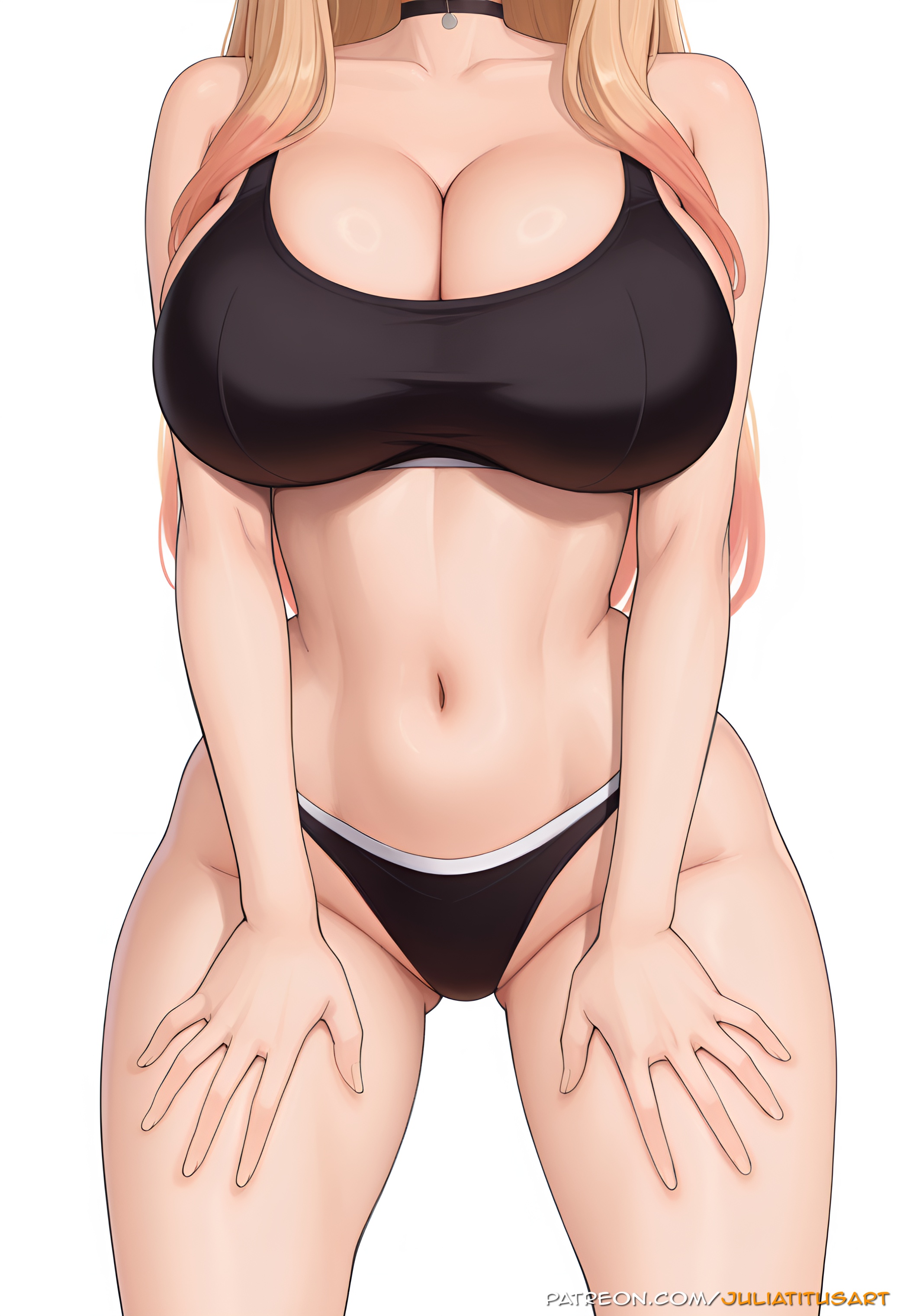 ai generated, ass visible through thighs, bare shoulders, black bra, black choker, black panties, blonde hair, bra, breasts, choker, cleavage, collarbone, cowboy shot, female, gradient hair, groin, hands on own thighs, head out of frame, juliatitusart, kitagawa marin, large breasts, long hair, marin kitagawa, multicolored hair, navel, panties, simple background, solo, sono bisque doll wa koi wo suru, sports bra, standing, stomach, thighs, underwear, white background