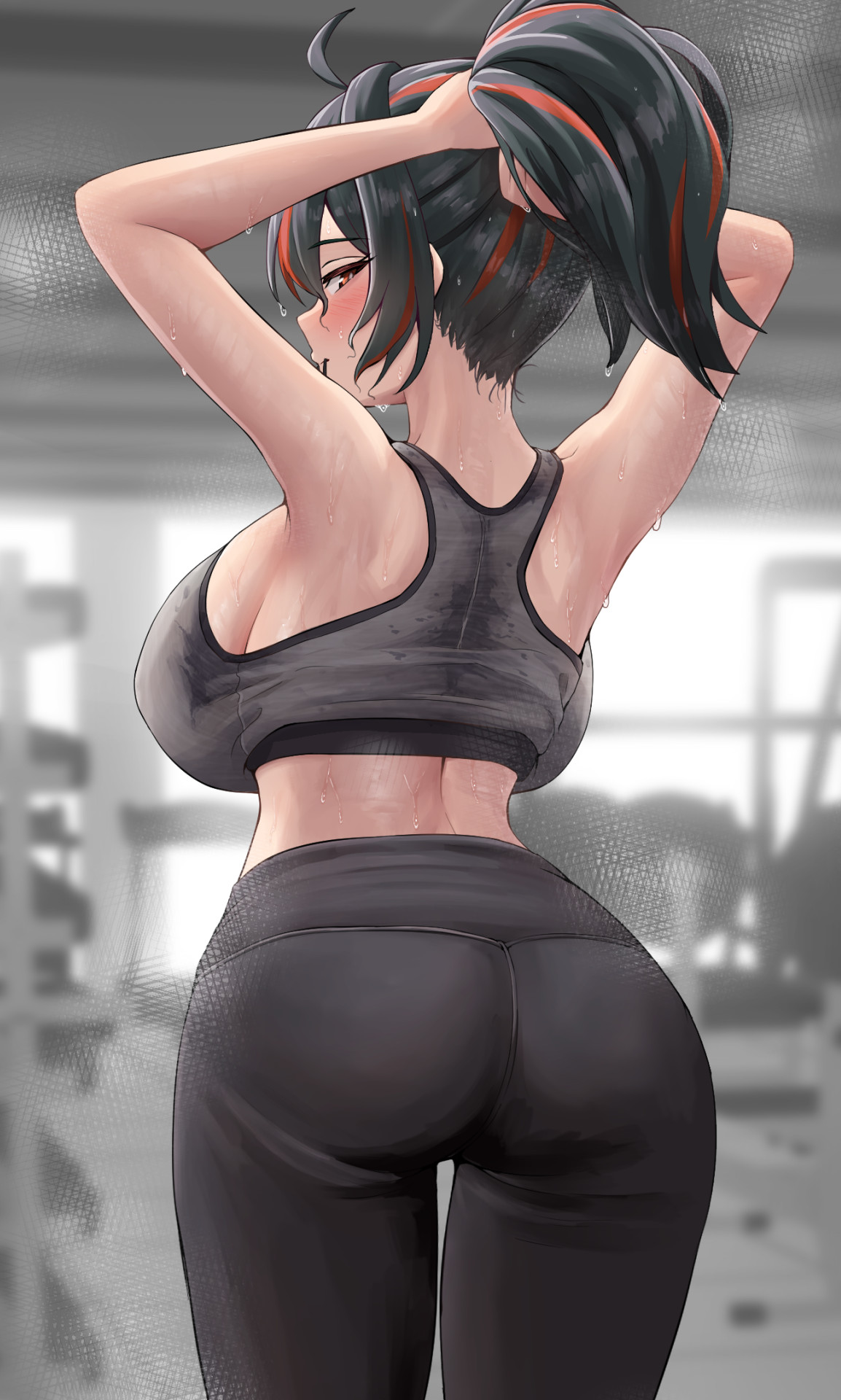 1girls, armpits, arms behind head, arms up, ass, ass focus, back, back view, big ass, black hair, black leggings, blush, bubble ass, bubble butt, curvy, from behind, glistening, glistening body, glistening skin, gym, gym clothes, heavy breathing, huge breasts, large, large breasts, looking back, multicolored hair, musk, musk clouds, ponytail, red highlights, solo, sports bra, sportswear, sq kyomu, sweat, sweatdrop, sweating, sweaty body, sweaty breasts, sweaty clothes, sweaty clothing, tagme, tagme (artist), thick thighs, tight clothing, tight fit, tying hair, wide hips, workout, yoga pants, zenless zone zero, zhu yuan