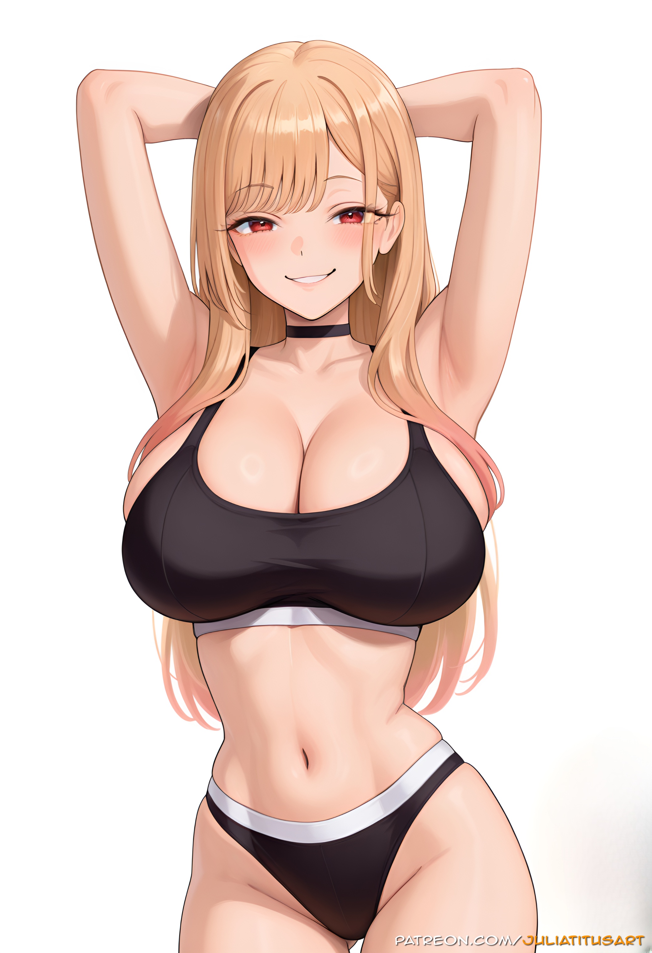 ai generated, armpits, arms behind head, arms up, ass visible through thighs, bangs, black bra, black choker, black panties, blonde hair, blush, bra, breasts, choker, cleavage, collarbone, cowboy shot, ear piercing, female, gradient hair, grin, groin, juliatitusart, kitagawa marin, large breasts, long hair, looking at viewer, marin kitagawa, multicolored hair, navel, panties, parted lips, piercing, red eyes, simple background, smile, solo, sono bisque doll wa koi wo suru, sports bra, stomach, thighs, underwear, white background