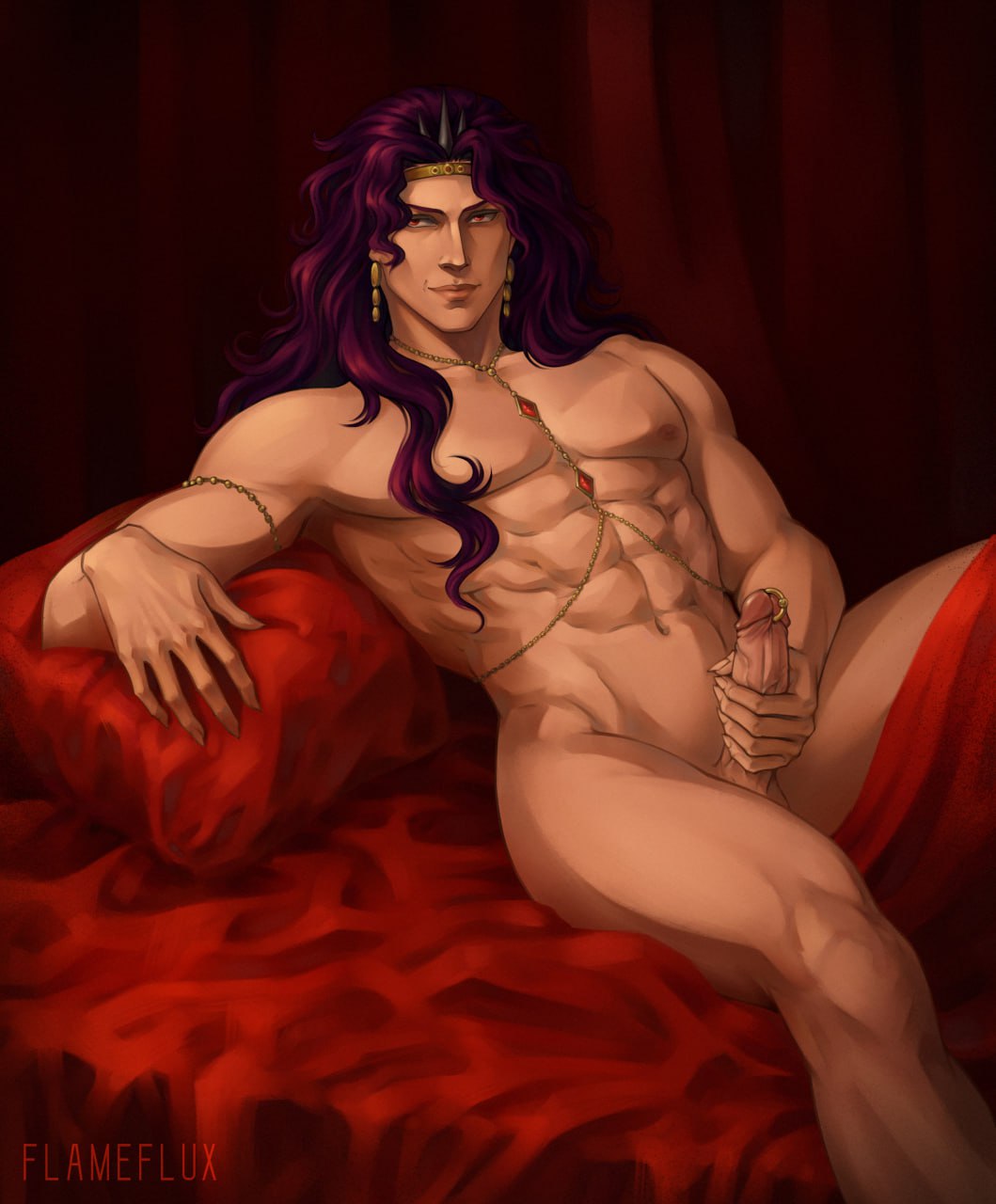 abs, battle tendency, big penis, erection, holding penis, jewelry, jojo's bizarre adventure, kars, long hair, looking at viewer, lying, lying on bed, male, male only, muscular, muscular male, naked, naked male, pale skin, piercing, purple hair, solo, solo focus, solo male