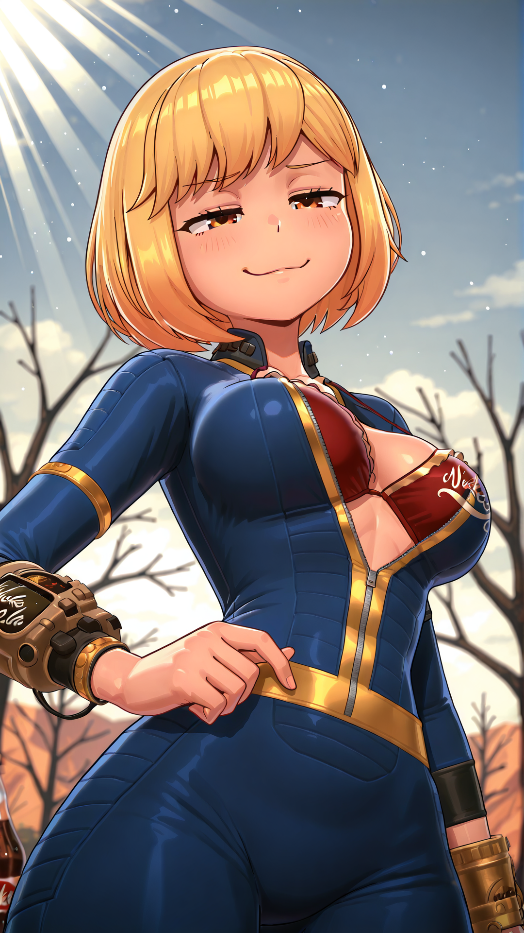 1girls, ai generated, blonde female, blonde hair, fallout, female, female only, vault dweller, vault girl, vault meat, vault suit