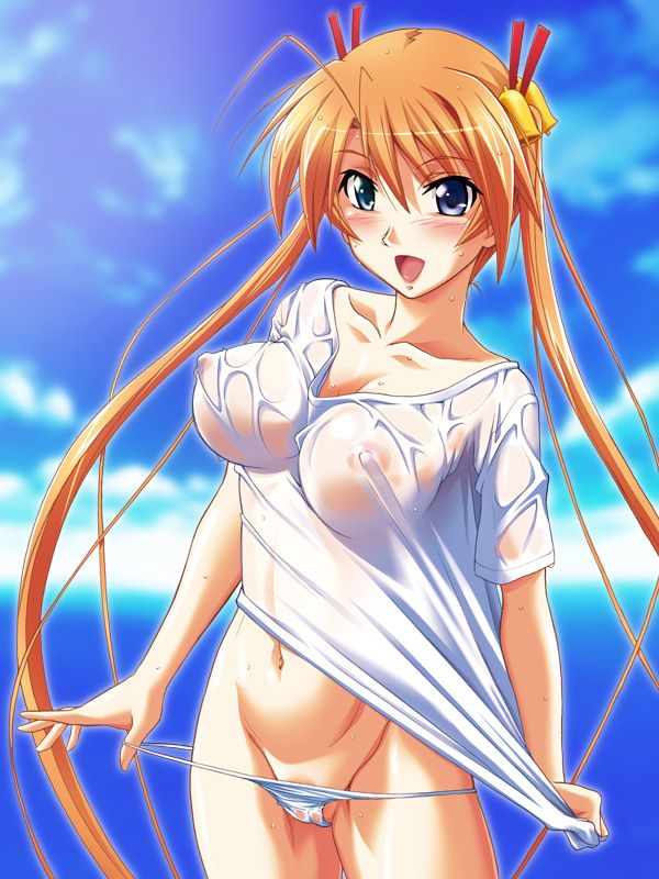 bell blush breasts clothing erect_nipples erect_nipples_under_clothes female hair_bell heterochromia kagurazaka_asuna long_hair mahou_sensei_negima! medium_breasts multicolored_eyes mutou_keiji nipples orange_hair outdoors panties panty_pull pulled_by_self see-through see-through_clothing shirt solo tied_hair twintails wet wet_clothes wet_shirt