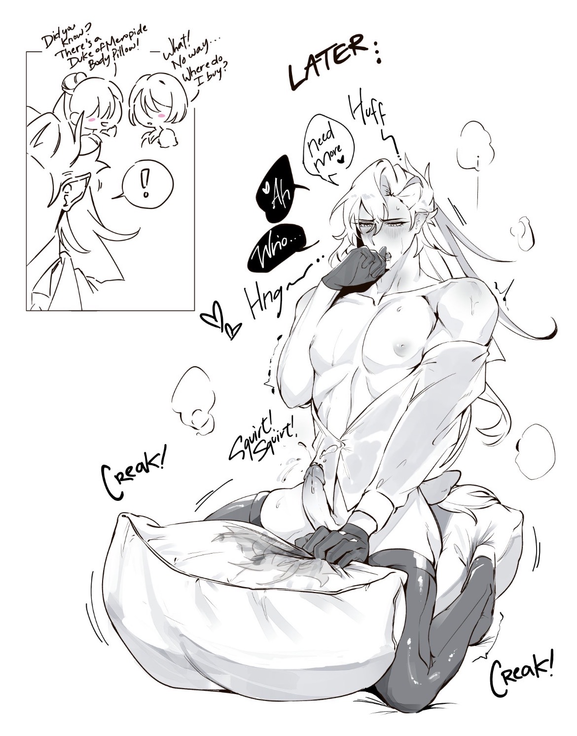 blush, bodypillow, english text, genshin impact, humping, humping pillow, male, male only, masturbation, neuvillette (genshin impact), thighhighs, yaoi