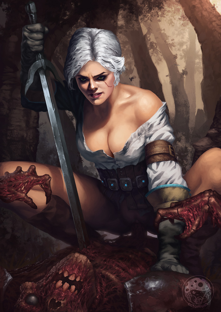 brown gloves, cd projekt red, ciri, cleavage, cowgirl position, female, ghoul (the witcher), gloves, male, monster, monster on female, mushroompus, penetration, penis, pussy, sex, the witcher (series), the witcher 3: wild hunt, vaginal penetration, white hair, zombie