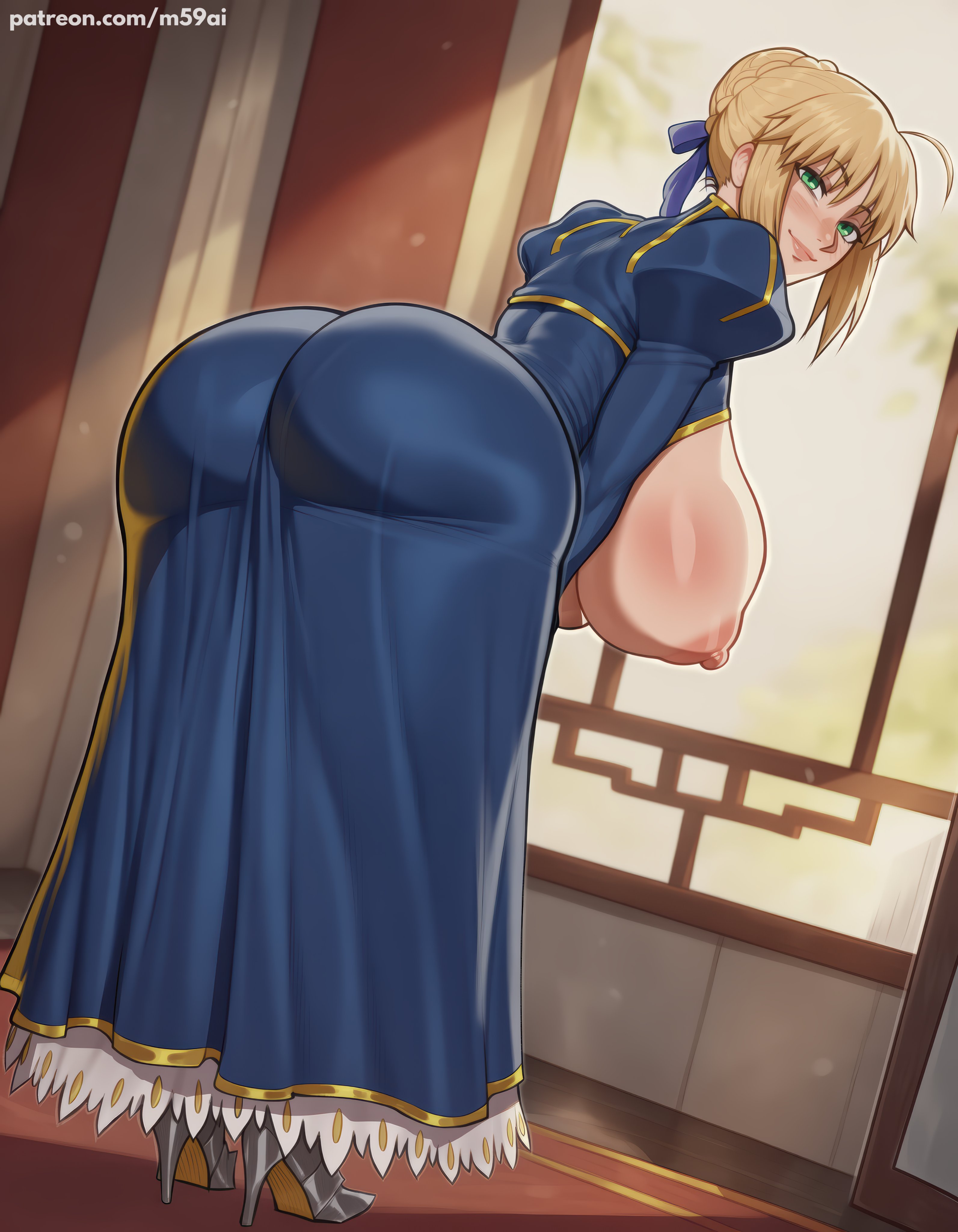 1girls, ahoge, ai generated, anime, areolae, armor, ass, ass crack, ass focus, bangs, bent over, big ass, big breasts, big nipples, blonde hair, boots, braided hair, breasts, breasts bigger than head, breasts out, curvy, dress, erect nipples, fate (series), fate/grand order, fate/stay night, female, female only, from behind, gigantic ass, gigantic breasts, green eyes, hair bun, hair ribbon, hanging breasts, huge ass, huge breasts, large areolae, large breasts, looking at viewer, looking back, m59ai, massive breasts, naked, naked female, nipples, no panties, nude, nude female, princess, puffy areola, puffy nipples, queen, ribbon, royalty, saber, sagging breasts, seductive, sidelocks, slim waist, smile, smirk, solo, thick thighs, tied hair, voluptuous, wide hips