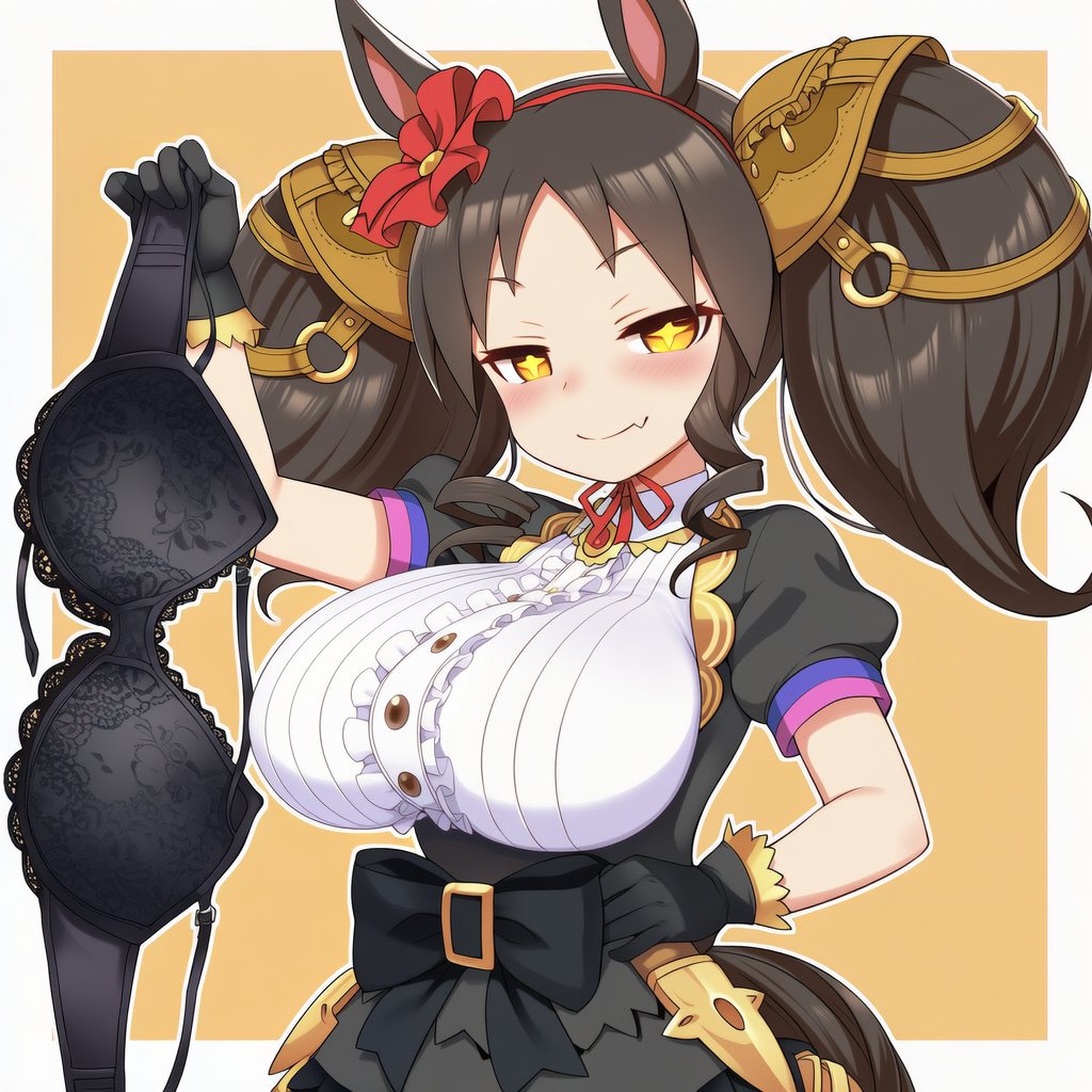 ai generated, bangs, bedroom eyes, big hair, black hair, black jacket, black ribbon, black skirt, blush, bra, breasts, brooch, buttons, female, frilled dress, frilled skirt, gloves, hair ornament, hairband, horse ears, horse girl, horse tail, jacket, large breasts, layered skirt, looking at viewer, marvelous sunday (umamusume), no bra, no bra under clothes, orange eyes, parted bangs, presenting bra, presenting underwear, puffy short sleeves, red hairband, red ribbon, shirt, short sleeves, shortstack, smug, solo, standing, symbol-shaped pupils, twintails, umamusume, umamusume pretty derby, voluptuous, white shirt