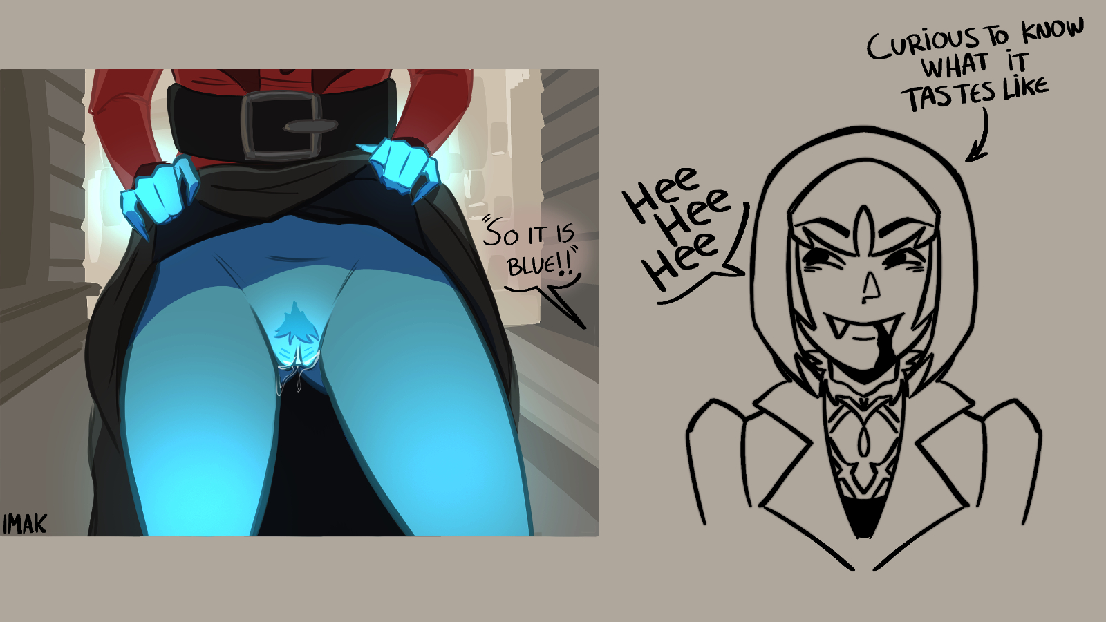 2025, 2girls, blue body, blue skin, bottomless, bottomless female, deadlock, defnotimak, dialogue, dress lift, female, female only, ghost, ghost girl, hairy, hi res, mina (deadlock), mina ha, pussy, red clothing, vampire, vampire girl, vindicta (deadlock), wet