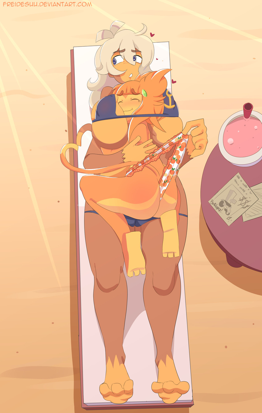 2girls, admiral brickell, anthro, ass, big breasts, bikini, bloons tower defense, breasts, cameltoe, cuddling, female, female only, female/female, freidesuu, head between breasts, huge breasts, large breasts, laying on breasts, monkey, monkey girl, orange hair, panties, panty pull, primate, rosalia (bloons tower defense), size difference, sleeping, swimwear, wedgie, white hair, wide hips