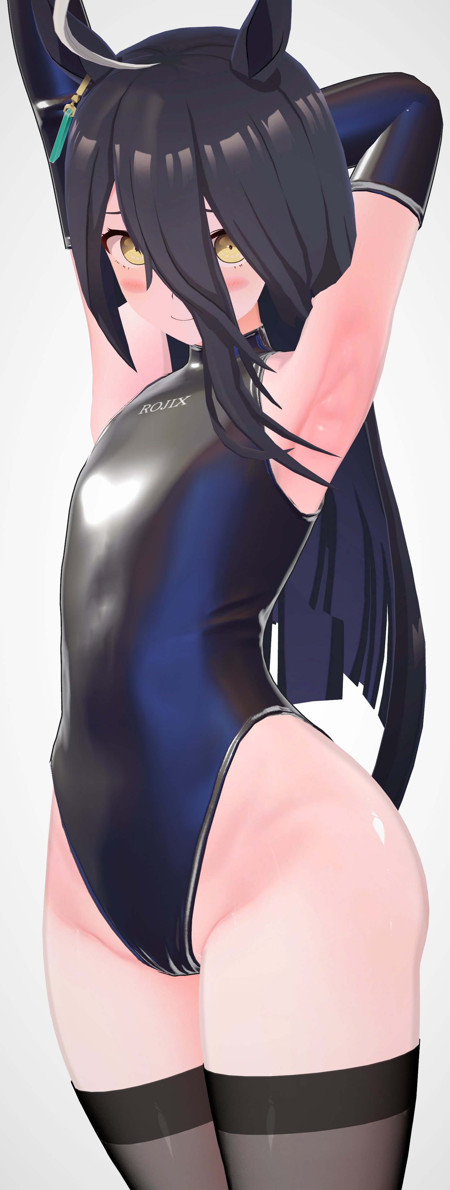 1girls, armpits, arms behind head, arms up, armwear, black hair, black thighhighs, blush, cleft of venus, competition swimsuit, cute, female, hips, horse girl, latex, latex armwear, latex leotard, leotard, long hair, manhattan cafe (umamusume), one-piece swimsuit, posing, shiny clothes, skin tight, small breasts, smile, solo, stretching, tagme, tagme (artist), thighhighs, tight clothes, tight clothing, tight fit, umamusume, yellow eyes, yuz ne