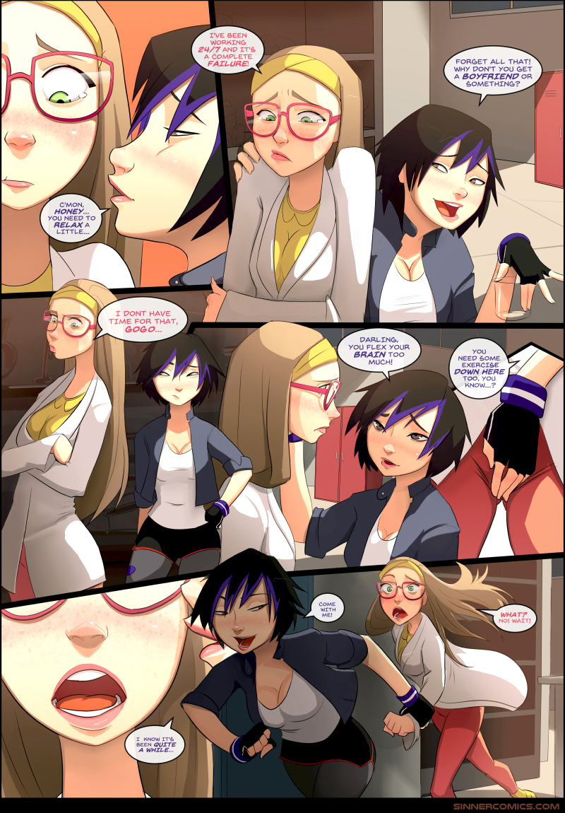 2girls, asian, baymax, big hero 6, bike shorts, black hair, blonde hair, cleavage, comic, dialogue, disney, female, fingering, fingerless gloves, freckles, glasses, gogo tomago, holding arm, honey lemon, imminent sex, jacket, leggings, marvel, marvel comics, purple hair, running, sillygirl, smile, speech bubble, two-tone hair, wristbands, yuri