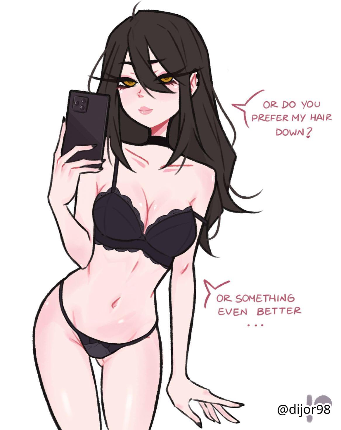 1girls, 2d, 2d (artwork), 2d artwork, alternate version at source, alternate version available, ass visible through thighs, bare arms, bare belly, bare chest, bare hands, bare hips, bare legs, bare midriff, bare navel, bare shoulders, bare skin, bare thighs, belly, belly button, black bra, black choker, black fingernails, black hair, black nail polish, black nails, black panties, black thong, black underwear, black-haired female, bra, breasts, choker, cleavage, collarbone, curvaceous, curvaceous body, curvaceous female, curvaceous figure, curvaceous hips, curvy, curvy body, curvy female, curvy figure, curvy hips, dialogue, dialogue bubble, dialogue speech bubble, digital, digital art, digital drawing, digital drawing (artwork), digital media, digital media (artwork), dijor98, drawing, ear piercing, ear piercings, elbows, english, english dialogue, english text, exposed arms, exposed belly, exposed chest, exposed hips, exposed legs, exposed midriff, exposed navel, exposed shoulders, exposed skin, exposed thighs, eyebrows visible through hair, female, female focus, female only, female torso, fingernails, fingers, frilled bra, frilled underwear, groin, hair between eyes, half naked, half nude, head tilt, high resolution, highres, hourglass figure, inguinal crease, inguinal ligament, large breasts, lean figure, linea alba, long hair, looking at viewer, matching underwear, midriff, more at source, nail polish, nails, naked, naked female, naked woman, narrow waist, navel, nude, nude female, nudity, oc, original, original art, original artwork, original character, panties, pierced ear, pierced ears, posing, posing for picture, posing for the viewer, posing in mirror, posing naked, posing nude, selfie, selfie pose, semi nude, shoulders, sidelocks, simple background, slender body, slender waist, slim female, slim waist, solo, speaking, speaking to viewer, standing, stomach, talking, talking to viewer, text, text bubble, thigh gap, thighs, thong, tilted head, tyra (dijor98), underwear, underwear only, upper body, white background, wide hips, yellow eyes, yellow-eyed female