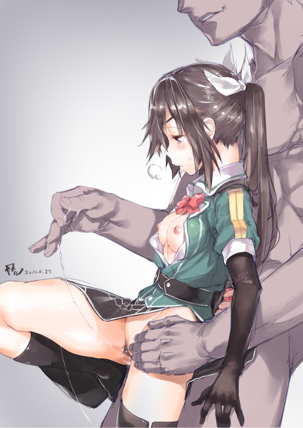 1boy black_eyes black_gloves black_hair black_legwear blush bottomless dark-skinned_male female gloves hair_ribbon highres kantai_collection karochii_(mochiya) kneehighs long_hair nipples pubic_hair pussy_juice pussy_juice_string ribbon single_kneehigh small_breasts smile straight thighhighs tied_hair tone_(kantai_collection) twintails