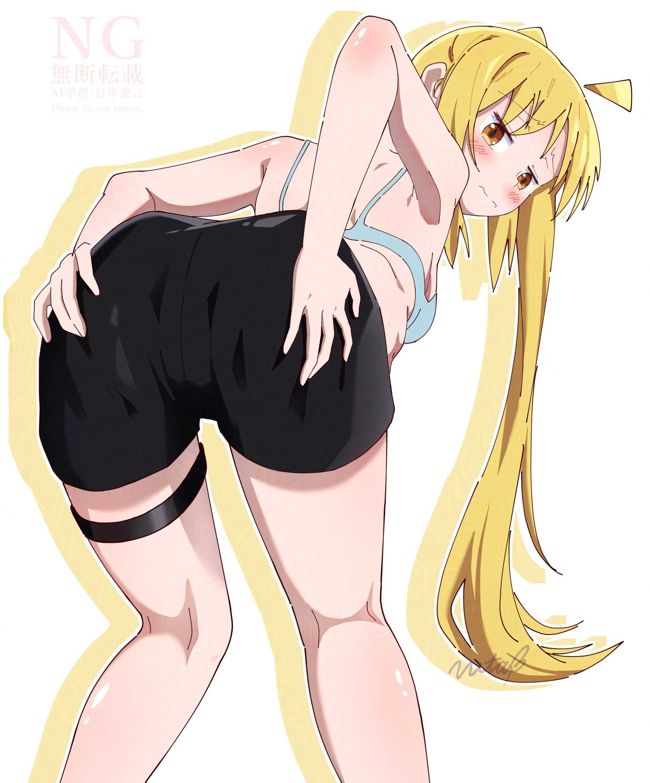 1girls, 2d, 2d (artwork), 2d artwork, ahoge, armpits, ass, black shorts, black thighband, blonde female, blonde hair, blonde hair female, blonde-haired female, blue bra, blue underwear, blush, blush face, blushing at viewer, blushing female, blushing lines, bocchi the rock!, bra, breasts, digital, digital art, digital drawing, digital drawing (artwork), digital media, digital media (artwork), drawing, elbows, embarrassed, embarrassed expression, embarrassed female, eyebrows visible through hair, female, female focus, female only, fingers, flustered, flustered female, groin, hand on ass, hand on butt, hand on own ass, hand on own butt, hands on ass, hands on butt, hands on own ass, hands on own butt, head tilt, high resolution, high school student, highres, ijichi nijika, kneepits, lean figure, long hair, looking at viewer, looking back, looking back at viewer, narrow waist, orange eyes, orange-eyed female, ponytail, school girl, shorts, shoulders, side ponytail, sideboob, sidelocks, simple background, slender body, slender waist, slim female, slim waist, small breasts, solo, standing, teen girl, teenage girl, teenager, thigh gap, thighband, thighs, tilted head, underwear, upper body, vbpicture, very long hair, very long hair female, white background, yellow hair, yellow-haired female, young female, young woman