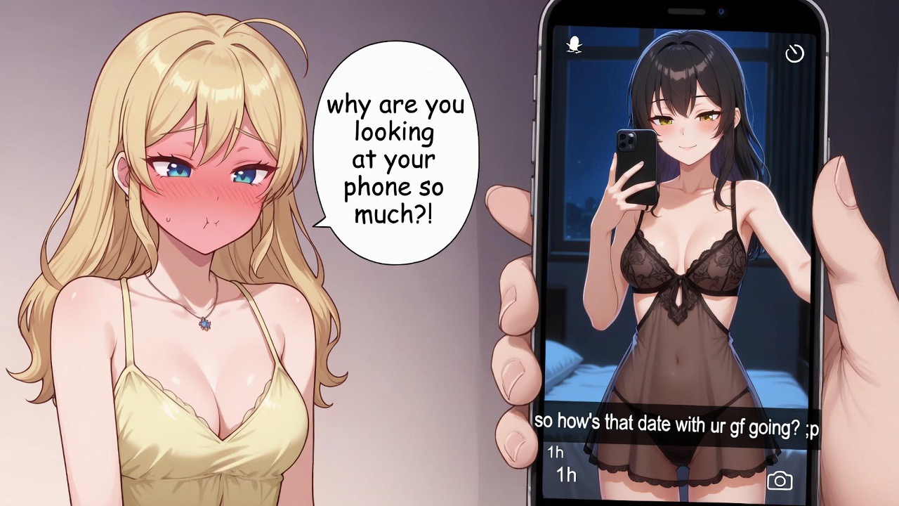 ai generated, black panties, blonde female, blonde hair, cheating, cheating boyfriend, cuckquean, date, lingerie, original character, snapchat sexting