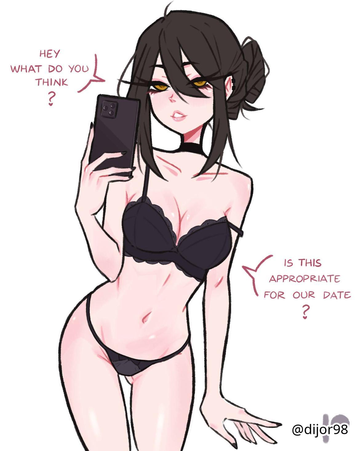 1girls, 2d, 2d (artwork), 2d artwork, ass visible through thighs, bare arms, bare belly, bare chest, bare hands, bare hips, bare legs, bare midriff, bare navel, bare shoulders, bare skin, bare thighs, belly, belly button, black bra, black choker, black fingernails, black hair, black nail polish, black nails, black panties, black thong, black underwear, black-haired female, bra, bra strap slip, breasts, choker, cleavage, collarbone, curvaceous, curvaceous body, curvaceous female, curvaceous figure, curvaceous hips, curvy, curvy body, curvy female, curvy figure, curvy hips, dialogue, dialogue bubble, dialogue speech bubble, digital, digital art, digital drawing, digital drawing (artwork), digital media, digital media (artwork), dijor98, drawing, ear piercing, ear piercings, elbows, english, english dialogue, english text, exposed arms, exposed belly, exposed chest, exposed hips, exposed legs, exposed midriff, exposed navel, exposed shoulders, exposed skin, exposed thighs, eyebrows visible through hair, female, female focus, female only, female torso, fingernails, fingers, frilled bra, frilled underwear, groin, hair between eyes, hair bun, half naked, half nude, head tilt, high resolution, highres, hourglass figure, inguinal crease, inguinal ligament, large breasts, lean figure, linea alba, long hair, looking at viewer, matching underwear, midriff, nail polish, nails, naked, naked female, naked woman, narrow waist, navel, nude, nude female, nudity, oc, original, original art, original artwork, original character, panties, pierced ear, pierced ears, piercing, piercings, posing, posing for picture, posing for the viewer, posing in mirror, posing naked, posing nude, selfie, selfie pose, semi nude, shoulders, sidelocks, simple background, slender body, slender waist, slim female, slim waist, solo, speaking, speaking to viewer, standing, stomach, strap slip, talking, talking to viewer, text, text bubble, thigh gap, thighs, thong, tilted head, tyra (dijor98), underwear, underwear only, upper body, white background, wide hips, yellow eyes, yellow-eyed female