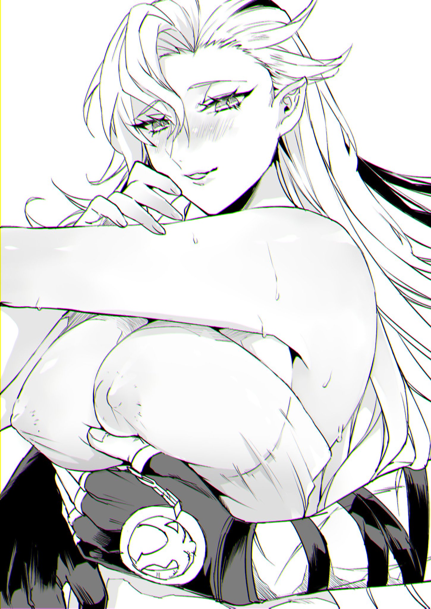 genderswap (mtf), genshin impact, holding, large breasts, mtf transformation, neuvillette (genshin impact), nipples visible through clothing, rule 63, sweating, sweating female, wriothesley (genshin impact)