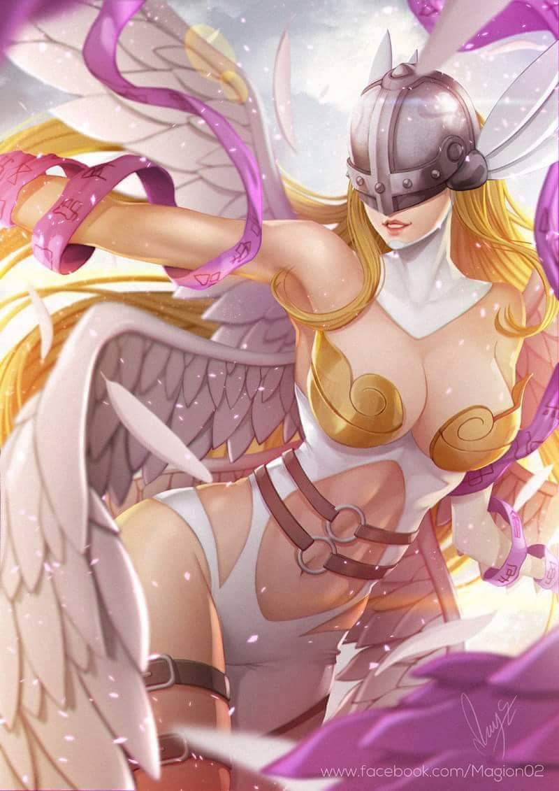 1girls, angel, angel wings, angewomon, blonde hair, breasts, cleavage, covered eyes, digimon, digimon (species), digimon adventure, female, female only, long hair, magion02, navel, smile, solo, solo female