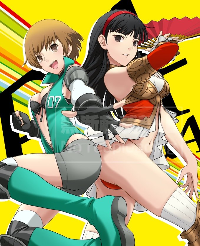 2girls, amagi yukiko, ass, ass to ass, black eyes, black hair, breasts, brown eyes, brown hair, exposed breasts, female, female only, fighter armor (persona), high-cut armor (persona), long hair, magical armor (persona), official alternate costume, persona, persona 4, persona 4 the golden, satonaka chie, short hair