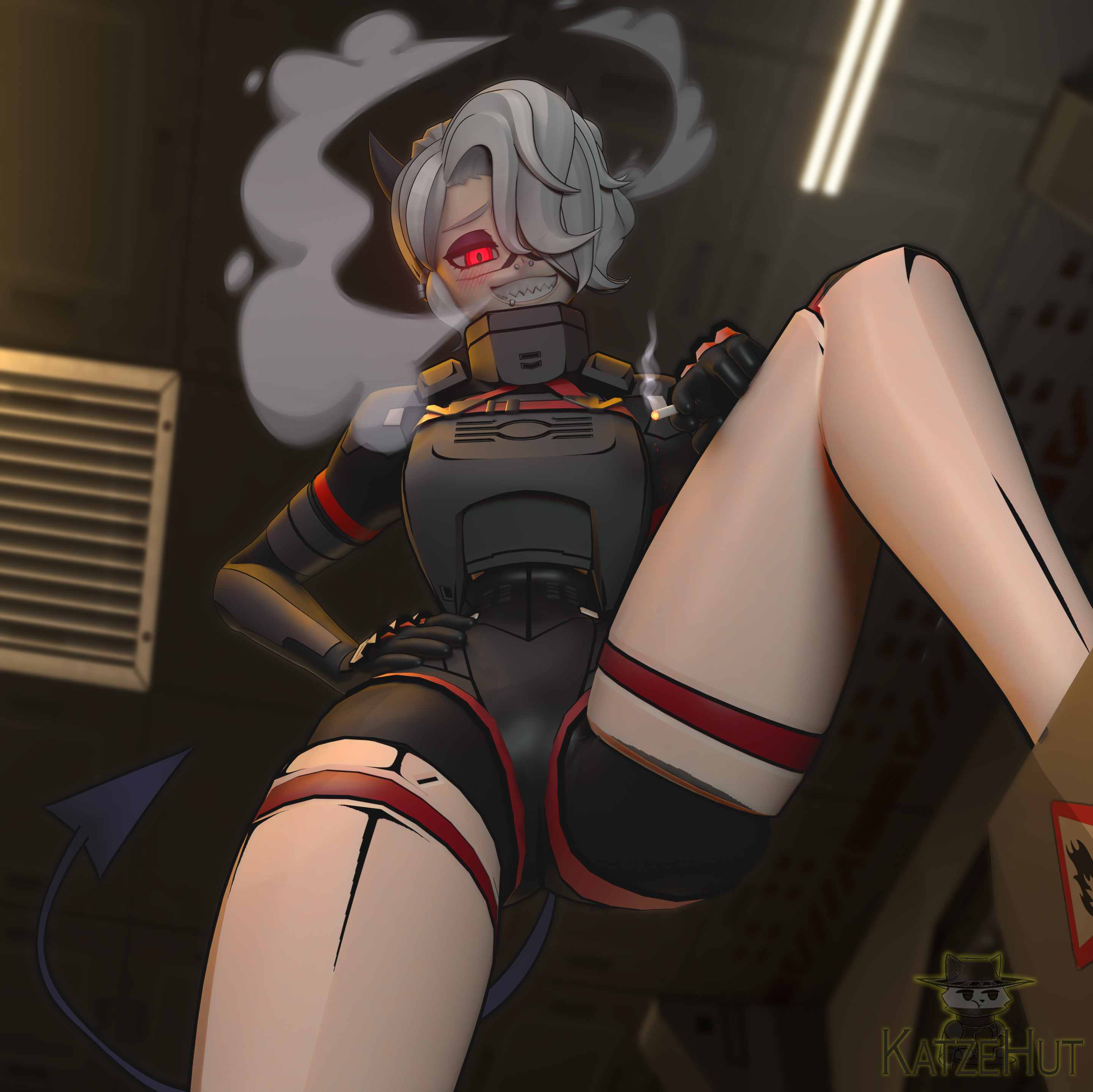 1girls, 3d, armor, armored female, demon, demon girl, devil, female, female focus, helltaker, horns, katzehut, light skin, looking at viewer, looking down, looking down at viewer, robot, robot girl, signalis, smoking, smoking cigarette, smug, smug grin, solo, star (signalis), staredown, tail, video game, white hair, white hair female, zdrada (helltaker)