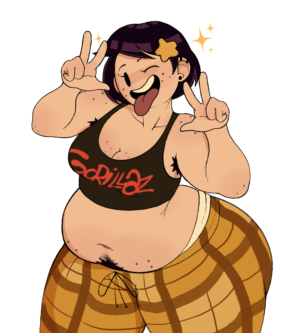 1girls, aiko starrah (zhero), armpit hair, bbw, big belly, gorillaz, happy trail, overweight female, pubic hair, tongue, tongue out, zhero