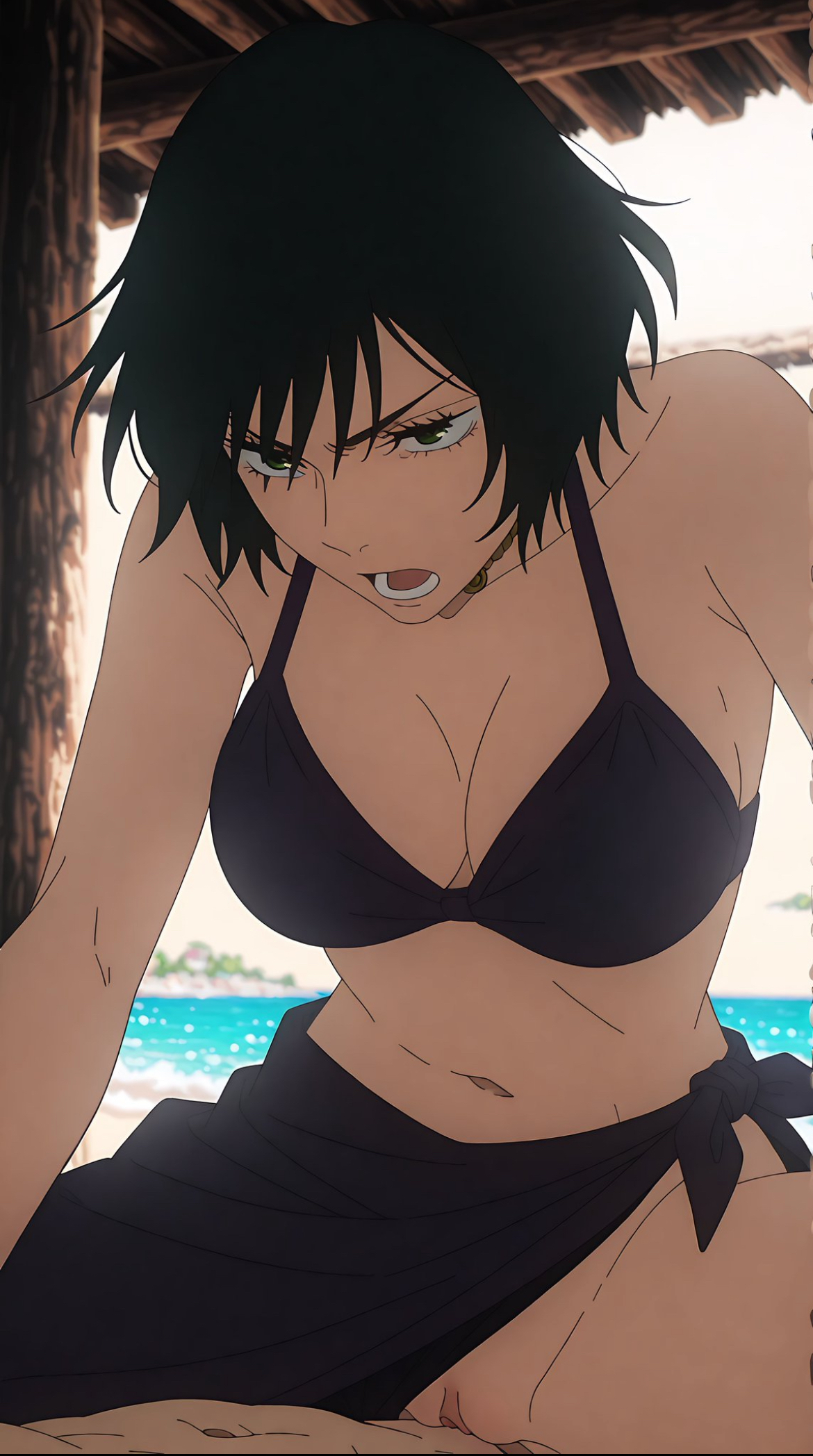 ai generated, aiwaifusart, angry expression, big breasts, bikini skirt, bikini top, green hair, jujutsu kaisen, male/female, pink pussy, pussy, riding penis, sex, short hair, zenin mai