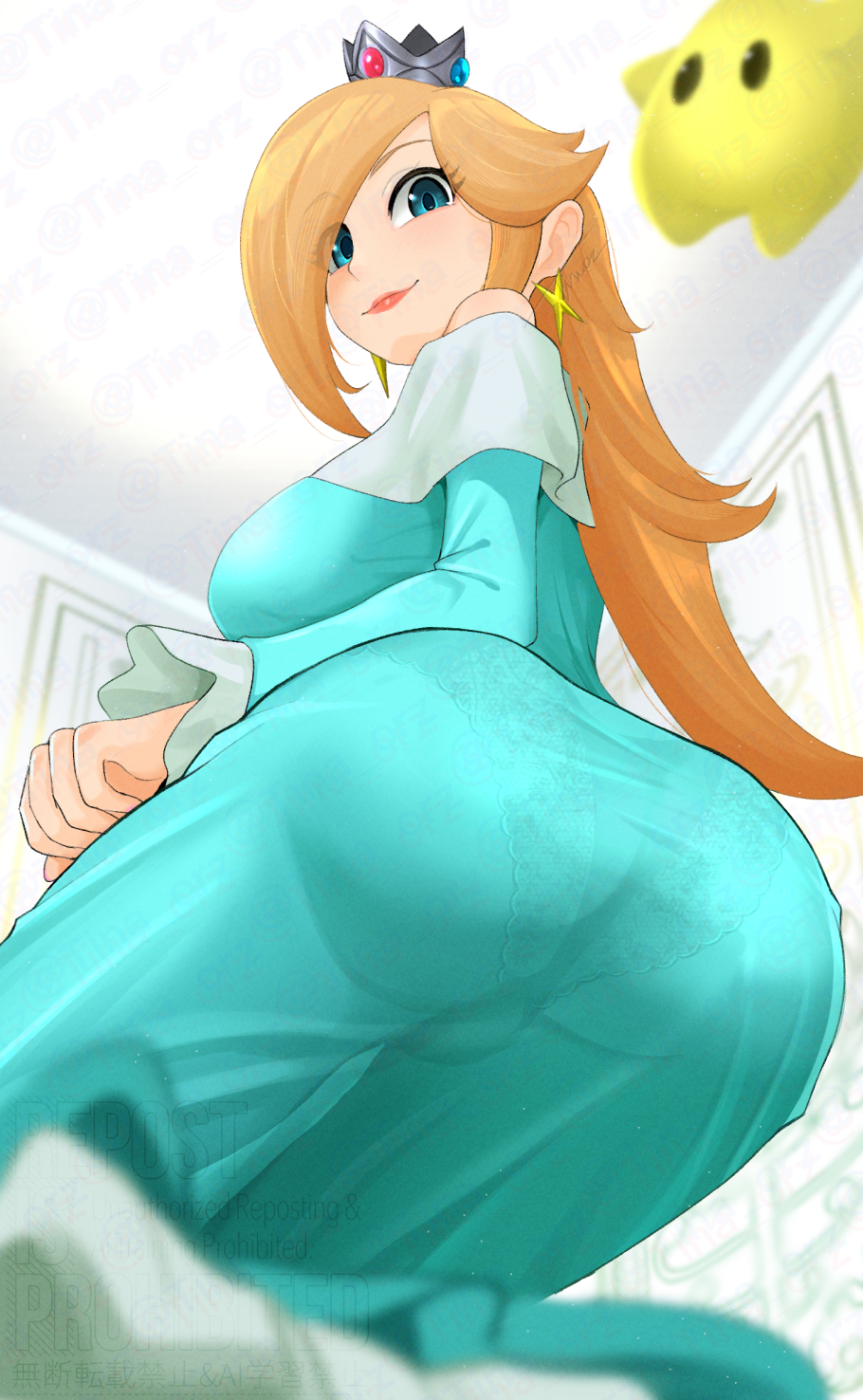 1girls, aqua dress, big ass, big breasts, big butt, blonde hair, blue eyes, blush, crown, curvy, cute, dress, earrings, female, frills, lace, lace-trimmed panties, large ass, long blonde hair, long dress, long hair, looking at viewer, looking back, luma, mario (series), nintendo, panties, panty bulge, princess rosalina, see-through, see-through clothing, sitting down, smile, smiling, solo, star earrings, teal dress, thick thighs, tight clothes, tight clothing, tight fit, tina orz, viewed from below