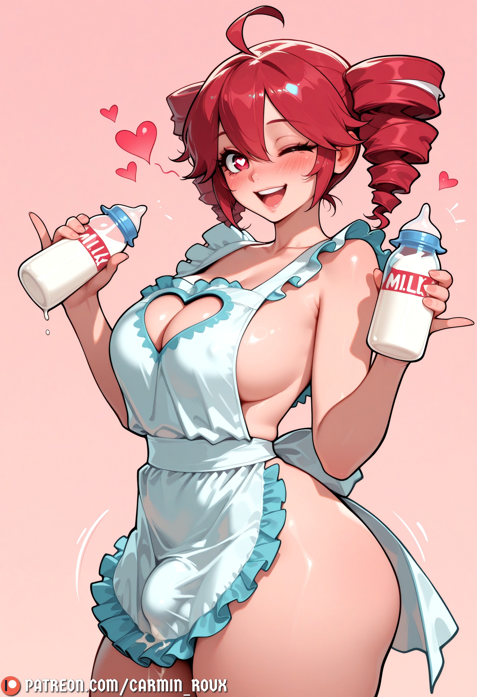 ;d, 1futa, 1girl, ahoge, ai generated, apron, baby bottle, bare shoulders, blush, bottle, breasts, bulge, carminroux, cleavage, cleavage cutout, clothing cutout, cowboy shot, drill hair, erection, frilled apron, frills, futanari, gradient background, heart, heart-shaped pupils, holding, holding bottle, kasane teto, large breasts, looking at viewer, milk, milk bottle, naked apron, one eye closed, open mouth, patreon username, pink background, pinky out, red eyes, red hair, short hair, sideboob, simple background, smile, solo, symbol-shaped pupils, teeth, thick thighs, thighs, twin drills, utau, vocaloid, white apron