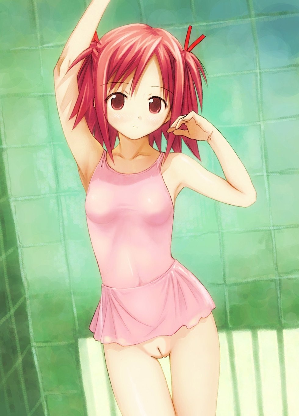 clothing female flat_chest kobayashi_yuji leotard mahou_sensei_negima! nagko photoshop pink_eyes pink_hair pussy sasaki_makie short_hair solo tied_hair twintails uncensored