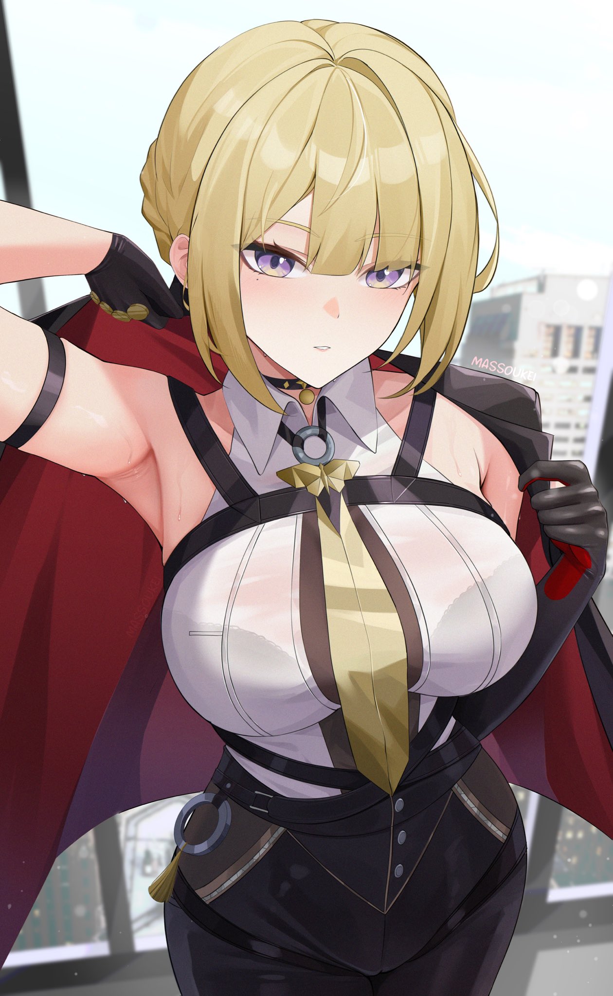 armpit crease, armpits, bare shoulders, black choker, black gloves, black jacket, black pants, blonde hair, blue sky, breasts, choker, collared shirt, commentary, day, elbow gloves, evelyn chevalier, female, female only, gloves, high-waist pants, highres, indoors, jacket, jacket on shoulders, large breasts, looking at viewer, massoukei, necktie, pants, parted lips, presenting armpit, pulling own clothes, shirt, short hair, sidelocks, signature, single elbow glove, sky, solo, sweat, tight clothes, tight pants, white shirt, yellow necktie, zenless zone zero