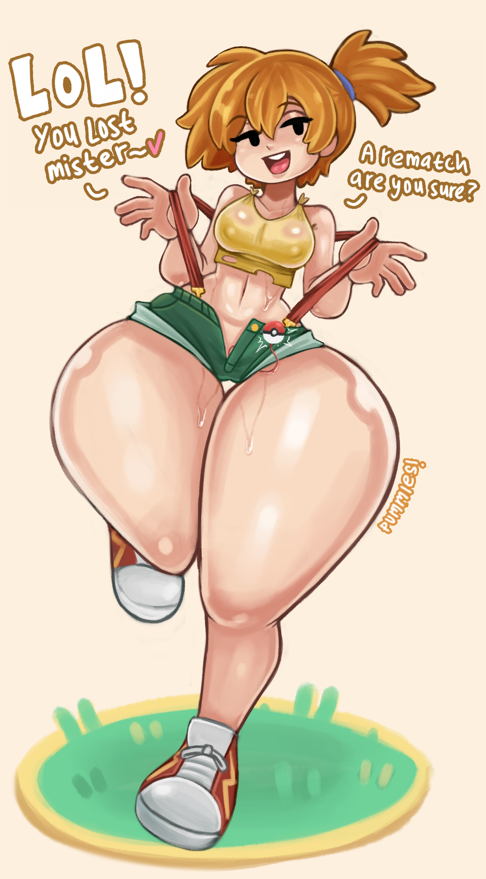 1girls, artist name, bent leg, big thighs, black eyes, brat, bratty, breasts, crop top, curvy, denim, denim shorts, dialogue, english language, english text, female, female only, female thick thighs, full body, grass, green shorts, hi res, hot, kasumi (pokemon), large thighs, looking at viewer, medium breasts, midriff, misty (pokemon), narrowed eyes, navel, nintendo, open fly, open mouth, open shorts, orange hair, poke ball, poke ball (basic), pokemon, pokemon (anime), pokemon (classic anime), pokemon rgby, pummies, shiny skin, shoes, short hair, short shorts, shorts, side ponytail, smile, smiling, smiling at viewer, sneakers, solo, standing, standing on one leg, suspender shorts, suspenders, suspenders pull, sweat, talking to viewer, tank top, text, thick thighs, thigh gap, thighs, tied hair, topwear, unzipped, vibrator, vibrator under clothes, wet, wet clothes, wet shirt, wide hips