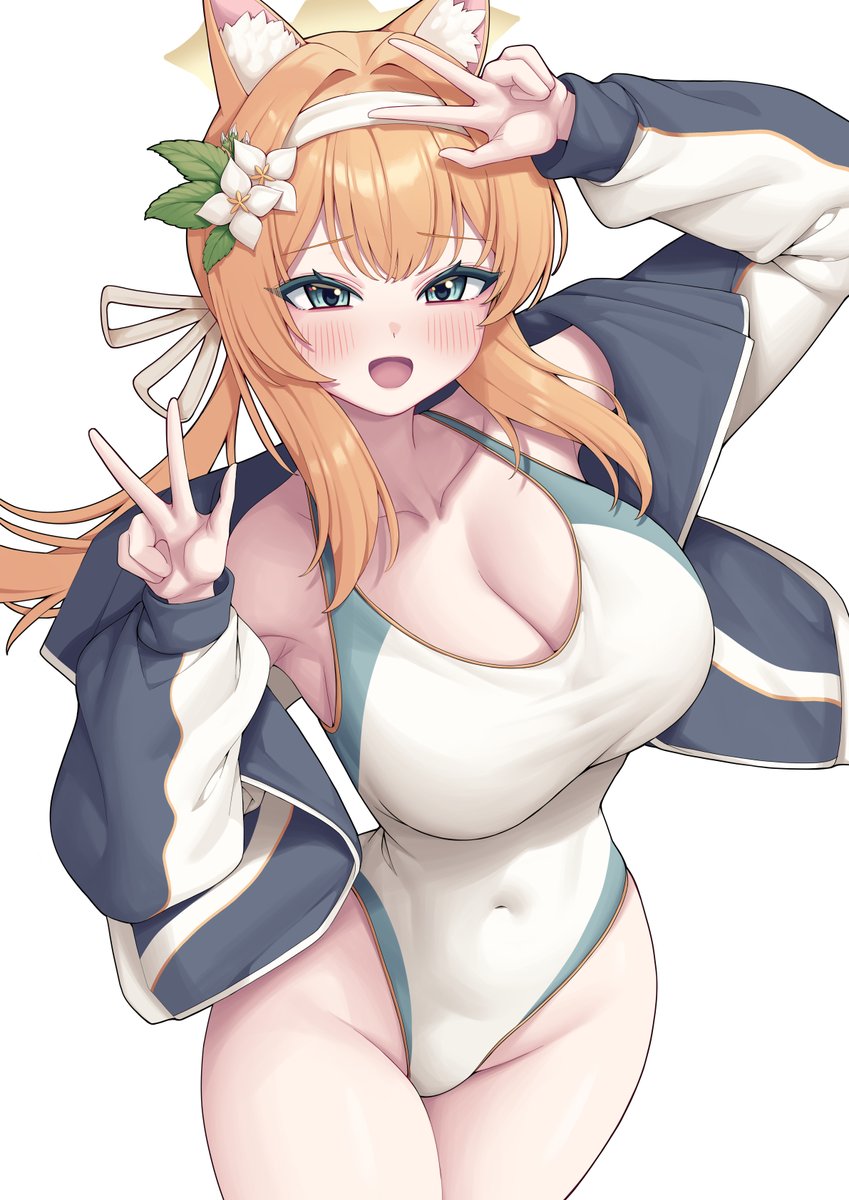 1girls, animal ears, armpits, artist request, belly button, belly visible through clothing, big breasts, blue archive, cat ears, halo, hand gesture, headband, mari (blue archive), one-piece swimsuit, orange hair, sisterhood (blue archive), swimsuit, track jacket, trinity general school student