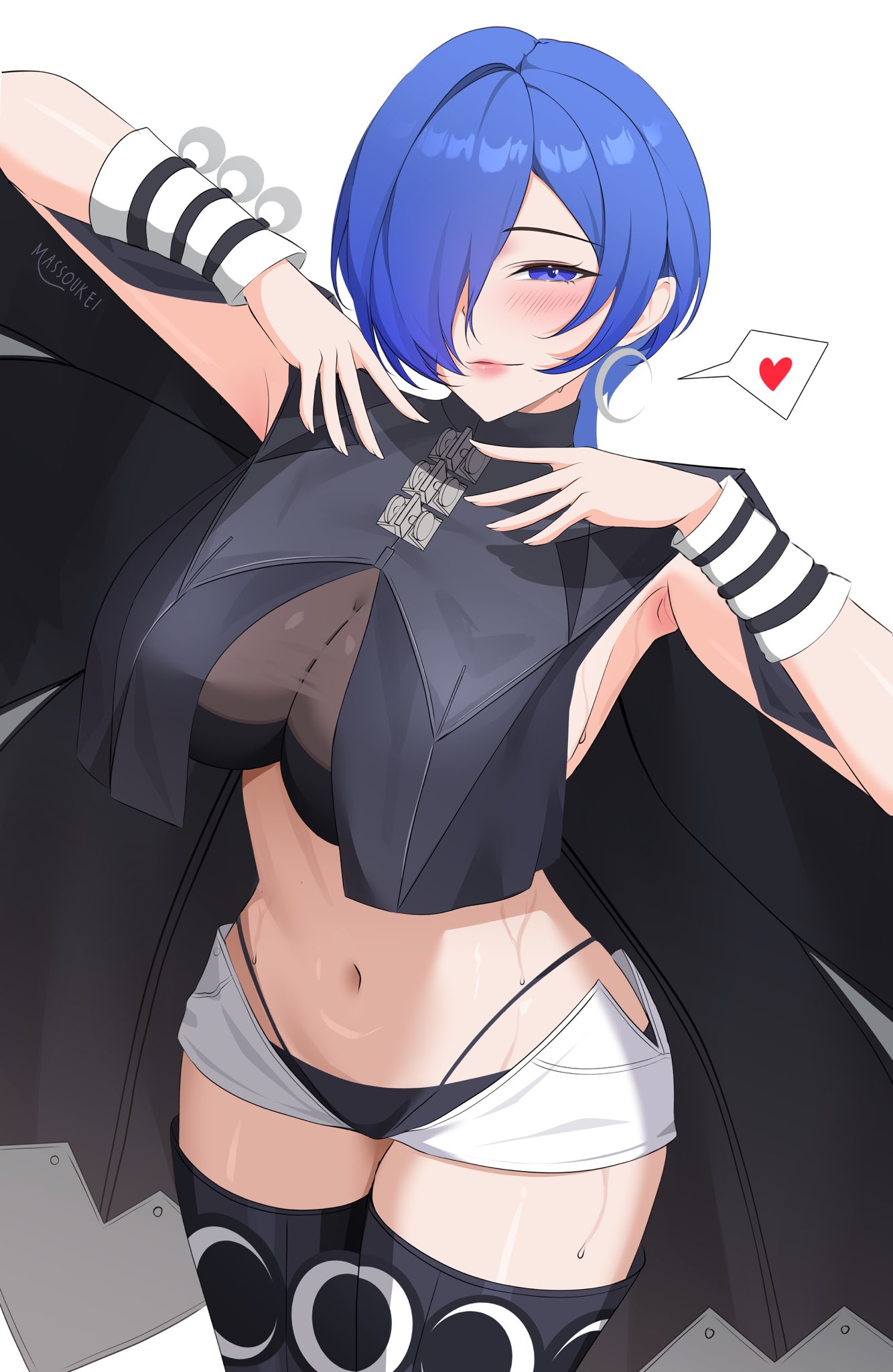 1girls, 2d (artwork), 2d artwork, black panties, black robe, black thighhighs, breasts, commentary, crescent, crescent earrings, digital drawing (artwork), digital media (artwork), earrings, english commentary, female, female focus, female only, first porn of character, hair over one eye, heart, highres, hourglass figure, human, human female, humanoid, jewelry, large breasts, long hair, looking at viewer, massoukei, micro shorts, midriff, navel, panties, panty straps, promeia (zenless zone zero), purple eyes, purple hair, robe, see-through cleavage, see-through clothes, sexually suggestive, sexy, sexy body, shorts, simple background, slim, slim female, slim girl, smile, solo, spoken heart, thighhighs, thighs, underwear, white background, white shorts, zenless zone zero