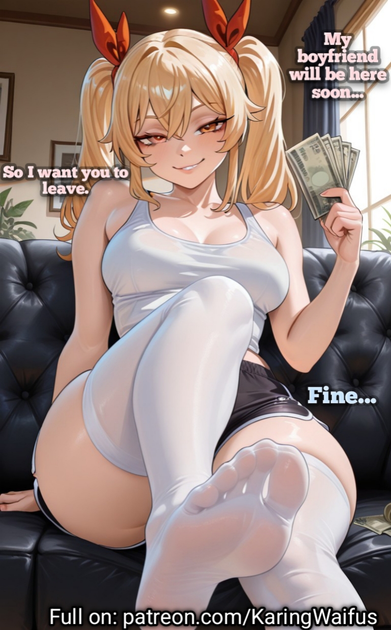 1girls, ai generated, amber eyes, black shorts, blonde female, blonde hair, blonde-haired female, brat, bratty, caption, couch, cuckold, daughter, dominant female, feet, feet fetish, feet focus, femdom, findom, foot fetish, foot focus, footwear, gym shorts, hair ribbon, hair tie, holding money, karingwaifus, looking at viewer, medium breasts, money, pov, pov eye contact, pov male, ribbon, ribbon in hair, ribbons, seductive, seductive eyes, seductive look, seductive mouth, seductive pose, seductive smile, shorts, small dom big sub, sports shorts, submissive male, tank top, text, white tank top, white thighhighs, white topwear