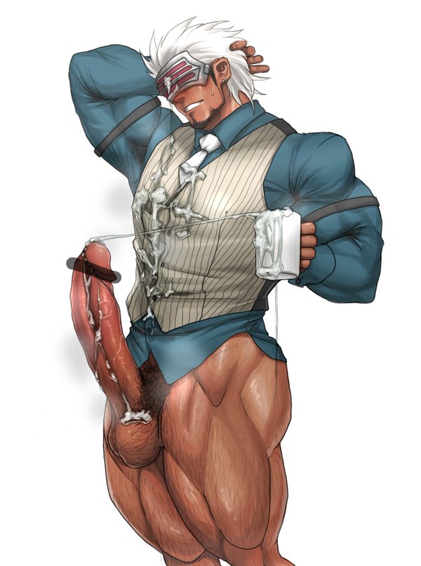 1boy ace_attorney bara body_hair boner bottomless censored cum cum_on_body erection facial_hair godot gyakuten_saiban kuromine_hiraya large_penis male male_only mask muscles musk penis solo tagme testicles yuatari