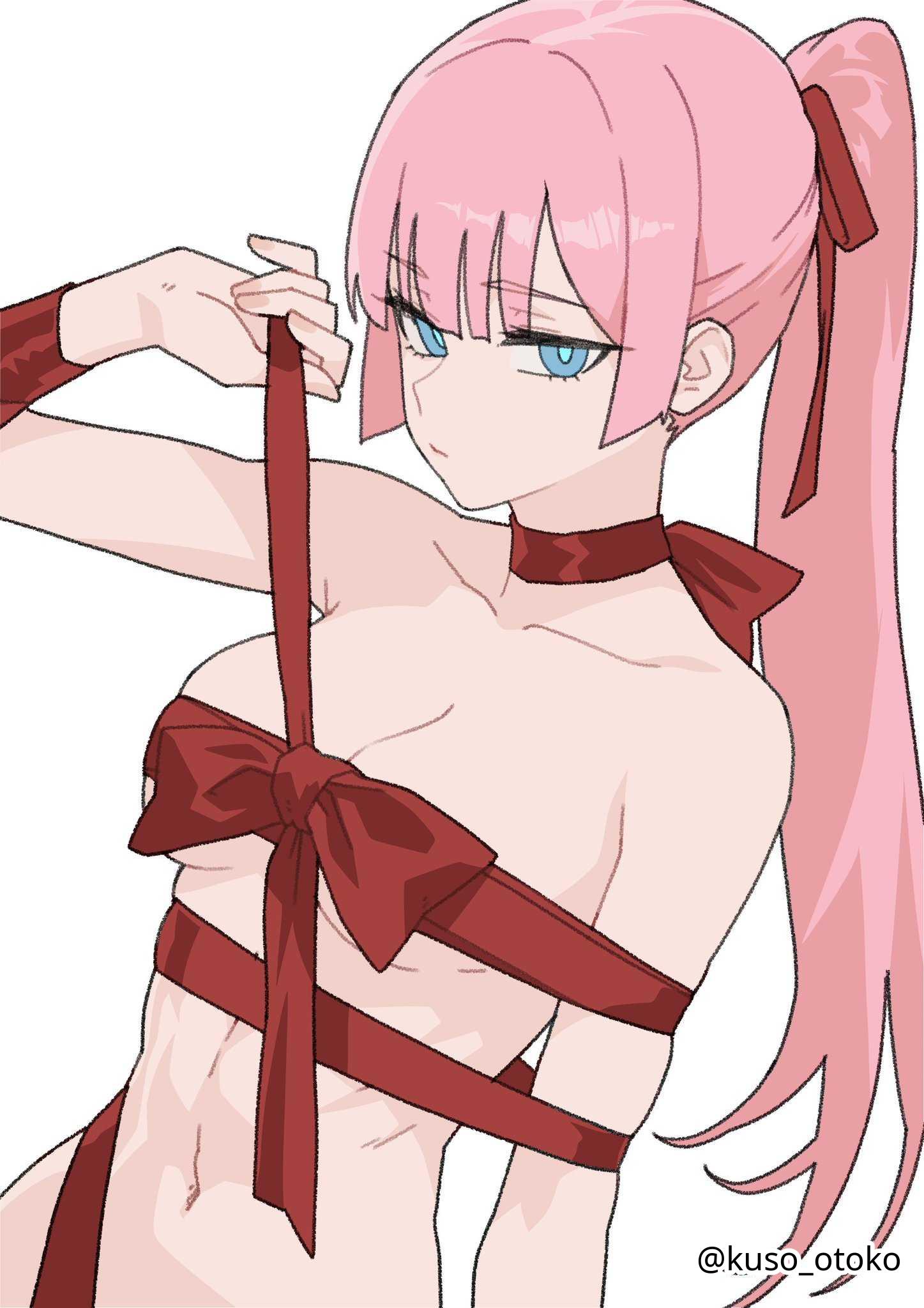 1girls, 2d, 2d (artwork), 2d artwork, anya (uragoner), belly, belly button, blank expression, blank eyes, blank stare, blue eyes, blue-eyed female, bored, bored expression, breasts, cleavage, collarbone, digital, digital art, digital drawing, digital drawing (artwork), digital media, digital media (artwork), drawing, emotionless, eyebrows visible through hair, female, female focus, female only, fingernails, fingers, half naked, half nude, high resolution, highres, kuso otoko, lean figure, linea alba, long hair, looking at viewer, medium breasts, midriff, naked, naked female, naked woman, narrow waist, navel, neutral expression, nude, nude female, nudity, pink hair, pink hair female, pink-haired female, ponytail, ribbon bondage, semi nude, shoulders, simple background, slender body, slender waist, slim female, slim waist, solo, standing, stomach, upper body, uragoner, valentine's day, white background