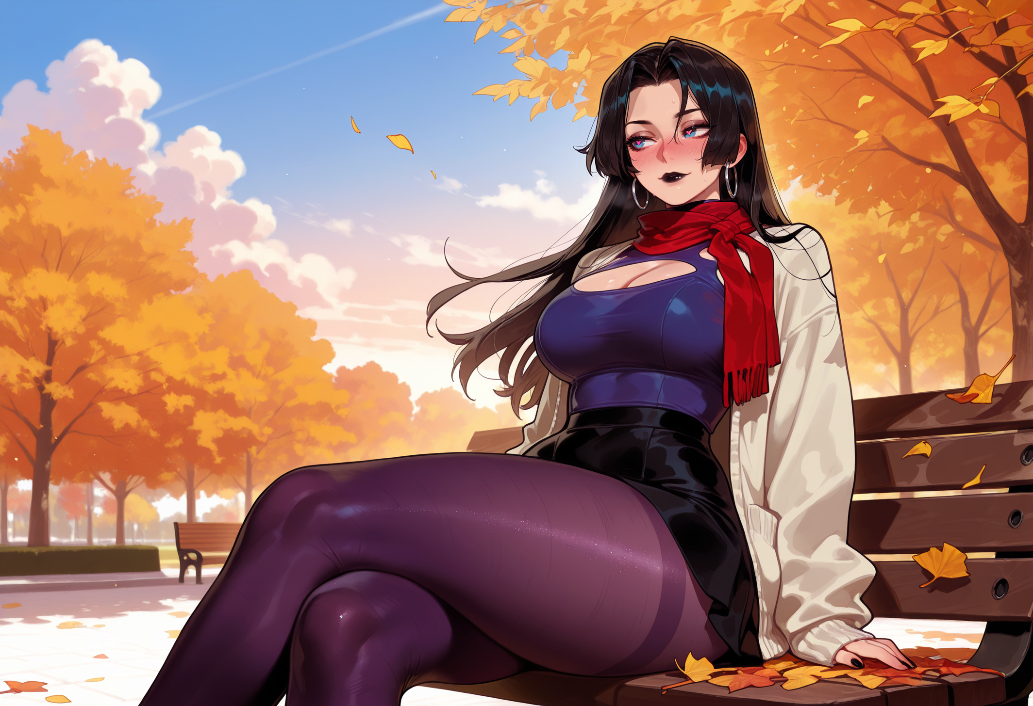 1girls, ai generated, autumn, autumn leaves, balecxi, bangs, bench, black hair, black lips, black nails, black skirt, blue eyes, blue sky, blush, breasts, cardigan, cleavage, cleavage cutout, clothing, clothing cutout, cloud, crossed legs, curvaceous, curvaceous female, curvaceous figure, curvy, curvy figure, day, earrings, eyeshadow, falling leaves, feet out of frame, female, female focus, female only, high-waist skirt, hoop earrings, jacket, jewelry, large breasts, leaf, legs, lips, lipstick, long hair, long sleeves, looking to the side, makeup, maple leaf, marvel, marvel comics, marvel rivals, miniskirt, nail polish, on bench, open cardigan, open clothes, outdoors, pantyhose, park, park bench, parted bangs, pencil skirt, pleated skirt, psylocke, psylocke (sai) (vengeance), purple eyes, purple pantyhose, red scarf, scarf, shirt, sitting, sitting on bench, skirt, sky, sleeves past wrists, solo, sweater, thick thighs, thighband pantyhose, thighs, tree, voluptuous, voluptuous female, white cardigan, wind