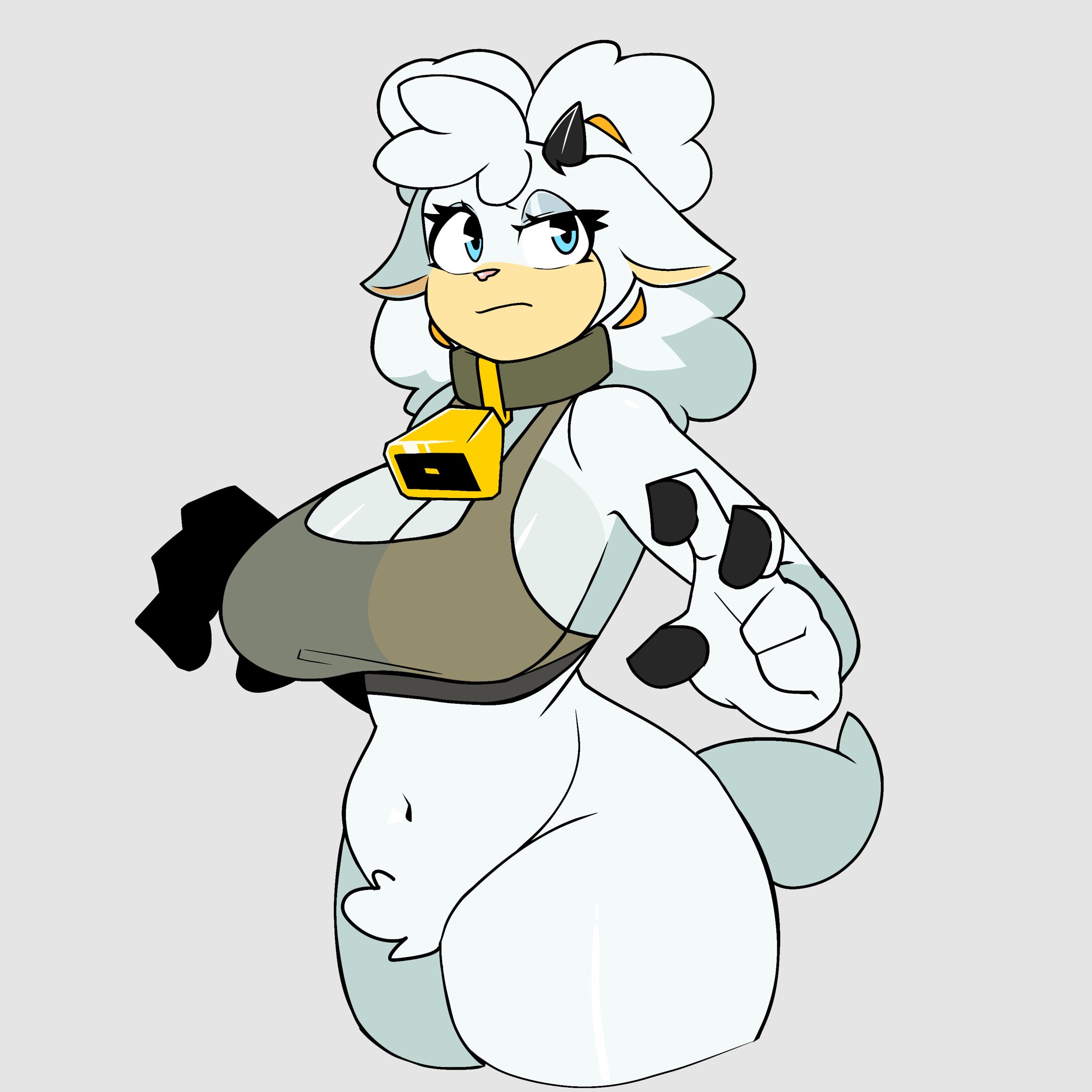 anthro, belly, belly button, big breasts, blue eyes, bovid, breasts, breasts bigger than head, busty, cleavage, collar, covered nipples, covered pussy, cowbell, curvy, curvy figure, eyeshadow, female, fluffy, fluffy hair, fluffy pussy, fluffy tail, fur tuft, furry, heavy breasts, hips, hooved fingers, horns, huge breasts, huge thighs, humanoid, idw publishing, lanolin the sheep, lanolin the sheep (sonic), navel, ryuuuk1, sheep, sheep ears, sheep girl, sheep horns, sheep humanoid, sheep tail, sideboob, simple background, solo, sonic (series), sonic the hedgehog (idw), sonic the hedgehog (series), thick thighs, thighs, topwear, voluptuous, voluptuous female, white body, white fur, wide hips, wool (fur)