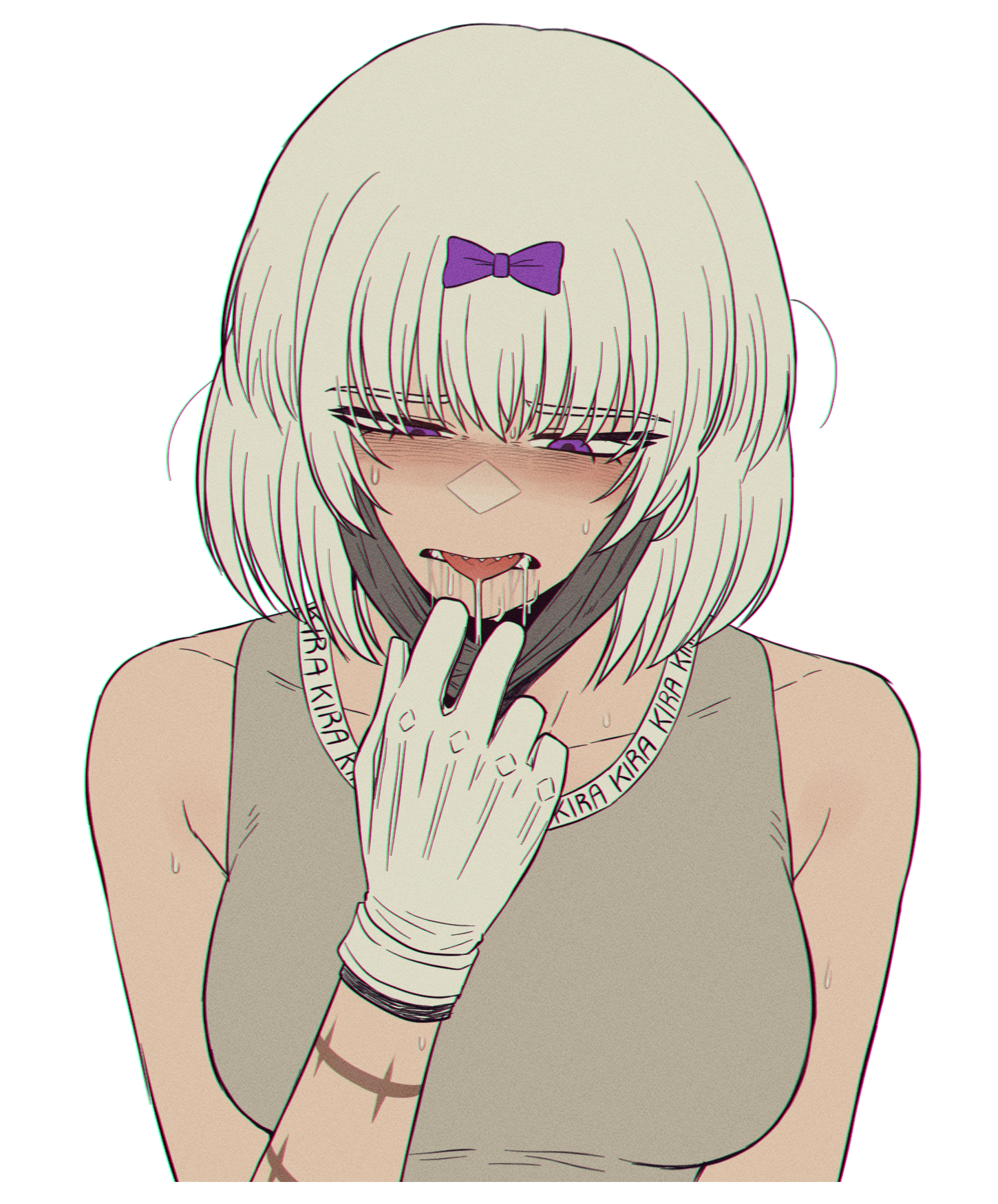 bare shoulders, blush, bow, breasts, collarbone, drool, drool on face, drooling, drooling tongue, facemask, gloves, hair accessory, hair ornament, kira (limbus company), light skin, limbus company, looking down, mask, messy hair, misg1111, project moon, purple eyes, removing mask, scar, sharp teeth, sweat, sweaty, tank top, the middle (identity) (project moon), the middle (project moon), tongue, tongue out, uncomfortable, unkempt, unkempt hair, white hair