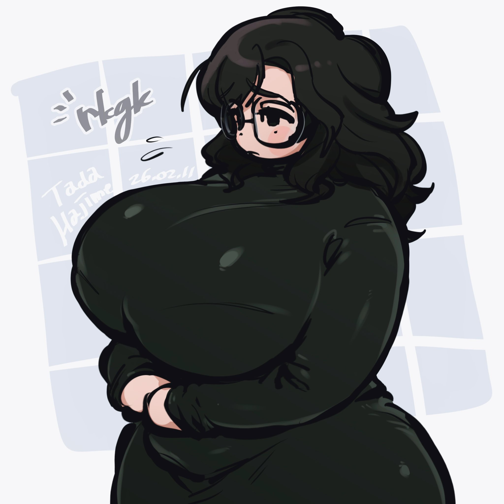 1girls, bbw, big breasts, black clothing, black dress, black hair, breasts, chubby, chubby female, cute, female, glasses, large breasts, light skin, light-skinned female, massive breasts, mii, mob face, mono (tada hajime), overweight, overweight female, tada hajime, thick, thick thighs, tomodachi life
