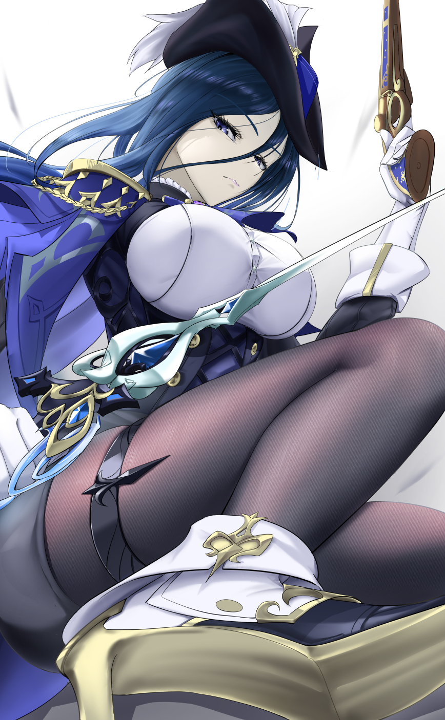 1girls, ankle boots, antique firearm, ascot, asymmetrical dual wielding, big breasts, black pantyhose, blue ascot, blue cape, blue hair, boots, breasts, cape, clorinde (genshin impact), dark blue hair, dual wielding, elbow gloves, epaulettes, female, female only, firearm, fold-over boots, fold-over gloves, foreshortening, framed breasts, genshin impact, gloves, gun, hat, hat feather, highres, holding, holding gun, holding sword, holding weapon, large breasts, long hair, looking at viewer, mait, pantyhose, pencil skirt, purple eyes, shirt, skirt, sword, taut clothes, taut shirt, thigh strap, tricorne, weapon, white gloves, white shirt