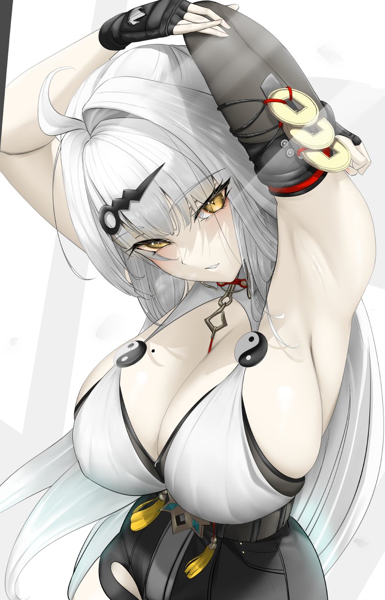 1girls, asymmetrical gloves, big breasts, black shorts, breasts, commentary request, elbow gloves, female, female only, fingerless gloves, gloves, high-waist shorts, highres, large breasts, long hair, mait, mole, mole on breast, shorts, sideboob, single elbow glove, single hair intake, solo, uneven gloves, yellow eyes, yin yang pin, yixuan (zenless zone zero), zenless zone zero