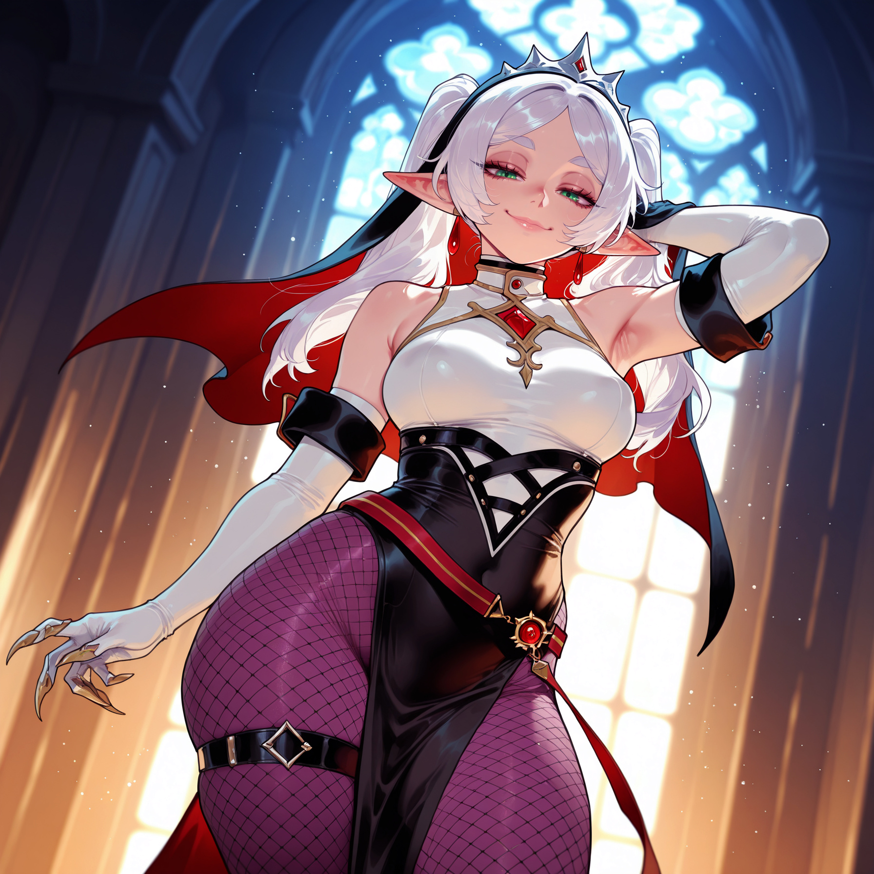 1girls, ai generated, alternate costume, arm behind head, arm up, armpits, balecxi, bangs, bare shoulders, belt, breasts, church, claw ring, claws, closed mouth, clothing, covered navel, curvaceous, curvaceous female, curvaceous figure, curvy, curvy figure, dangle earrings, dress, drop earrings, earrings, elbow gloves, elf, female, female focus, female only, fishnet pantyhose, fishnets, frieren, frieren beyond journey's end, gloves, green eyes, grey hair, habit, indoors, jewelry, large breasts, legwear, long hair, looking at viewer, medium breasts, nun, pantyhose, parted bangs, pelvic curtain, pointy ears, purple pantyhose, red gemstone, rosaria (genshin impact) (cosplay), shirt, skindentation, sleeveless, smile, smug, solo, sousou no frieren, stained glass, thick thighs, thigh strap, thighs, tiara, twintails, veil, voluptuous, voluptuous female, white gloves, white hair, wide hips, window