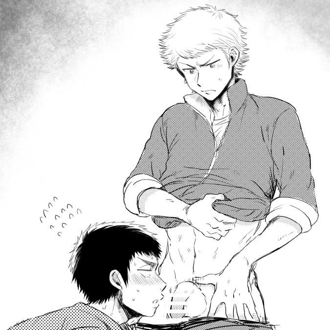 2boys abs ace_of_diamond blush censored flaccid male_only monochrome multiple_boys muscle narumiya_mei penis sweat tadano_itsuki testicles undressing yaoi