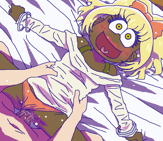 1boy :d bed blonde_hair blush bra_strap bracelet censored clothed_female_nude_male clothed_sex clothing dark-skinned_female dark_skin dress earrings female hair_ornament hair_ribbon happy heart heart_in_mouth hoop_earrings interracial jewelry juushiko_(osomatsu-san) lipstick long_sleeves lying makeup mosaic_censoring nude oekaki off-shoulder_dress off_shoulder on_back open_mouth orange_panties osomatsu-san panties panties_aside penetration penis ponytail pussy ribbon sex sheet_grab short_dress smile solo_focus spread_arms spread_legs tied_hair tomu_(tomubobu) torso_grab vaginal_penetration white_dress yellow_eyes