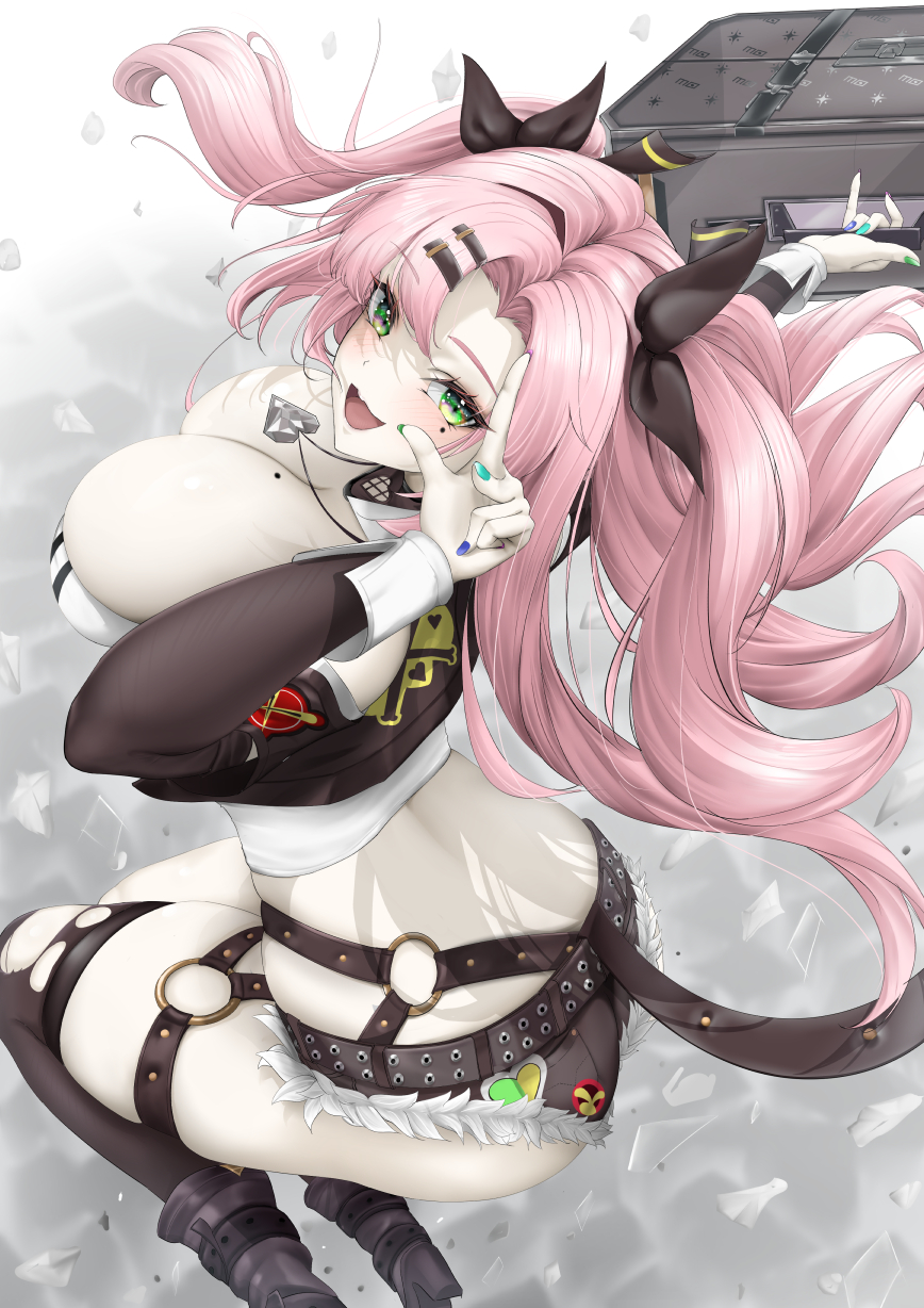 1girls, big breasts, black shorts, black thighhighs, breasts, briefcase, cleavage, female, female only, glass shards, green eyes, hair intakes, hair ornament, hand up, heart, heart necklace, highres, holding, holding briefcase, jewelry, large breasts, looking at viewer, looking back, mait, micro shorts, midriff, mole, mole on breast, mole under eye, necklace, nicole demara, o-ring, o-ring thigh strap, open mouth, pink hair, shirt, short shorts, shorts, single thighhigh, solo, thigh strap, thighhighs, torn clothes, torn thighhighs, two side up, w, white shirt, zenless zone zero