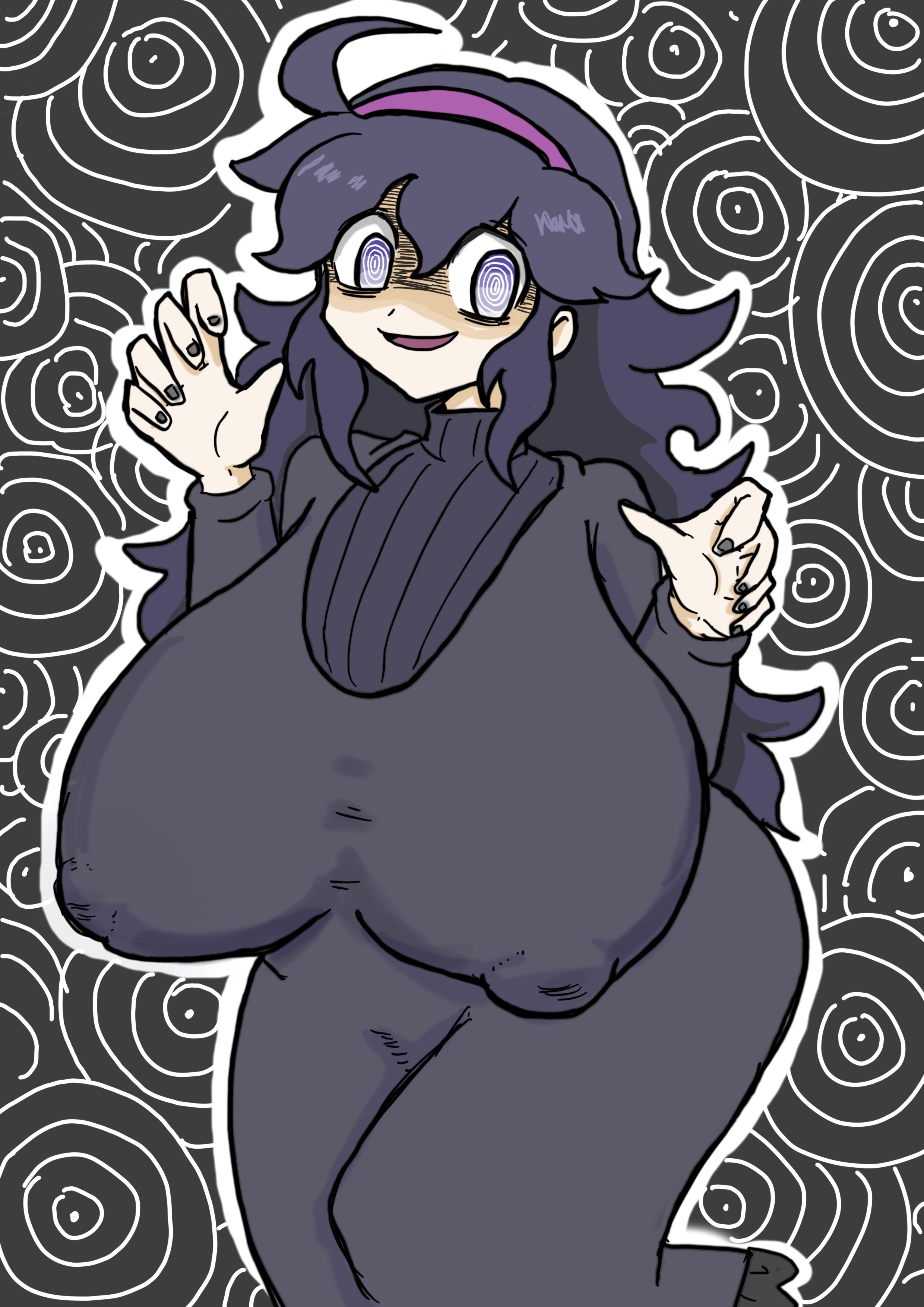 @ @, black nails, claw pose, covered erect nipples, hex maniac, hex maniac (pokemon xy), huge breasts, nipple bulge, open mouth, pokemon, pokemon xy, smile, spiral