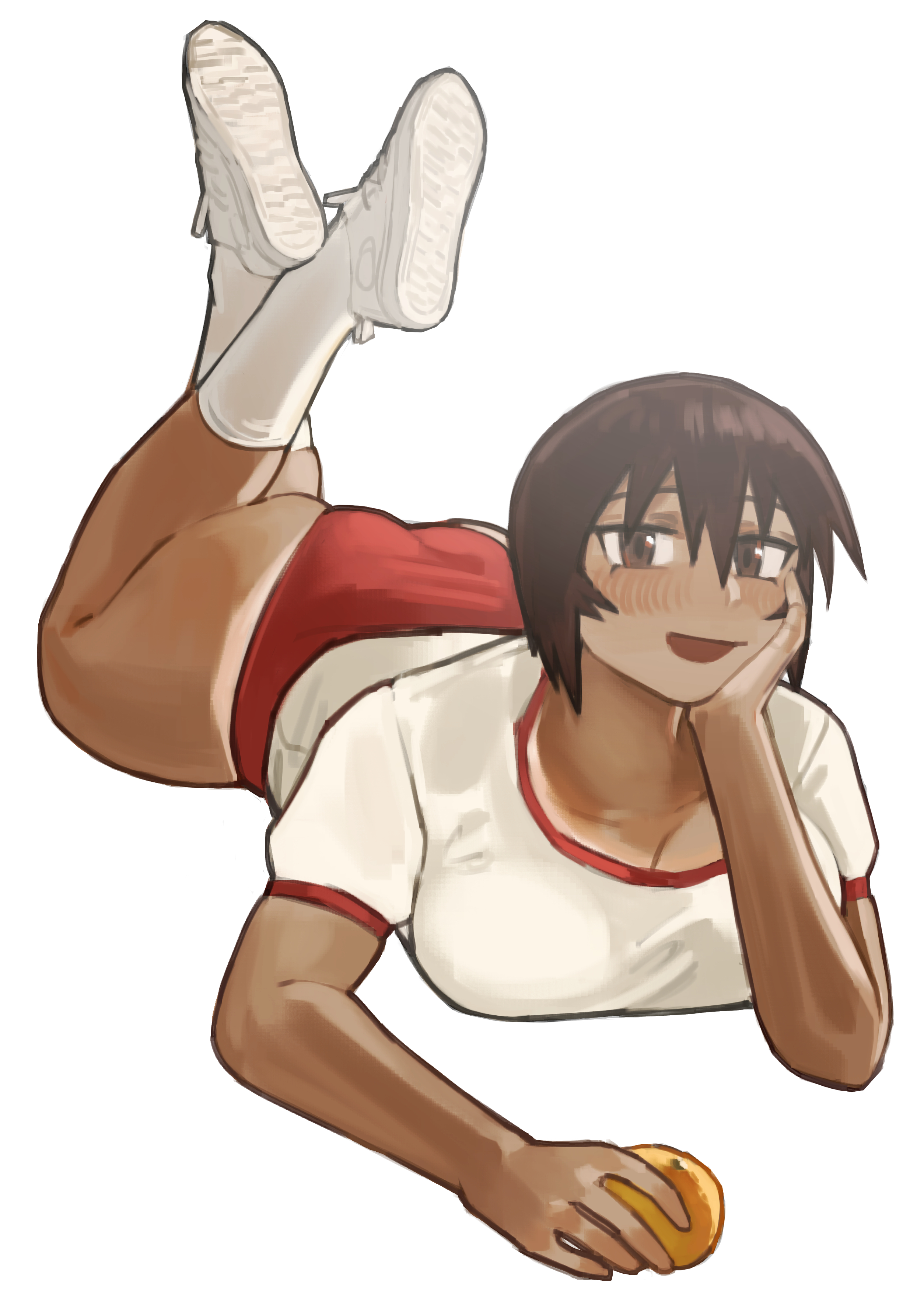 1girls, artist request, ass, azumanga daiou, breasts, buruma, cleavage, female, female focus, female only, gym uniform, kagura (azumanga daiou), laying down, laying on stomach, lying, lying on stomach, orange, simple background, solo, solo female, sportswear, tan body, tan skin, tomboy, white background